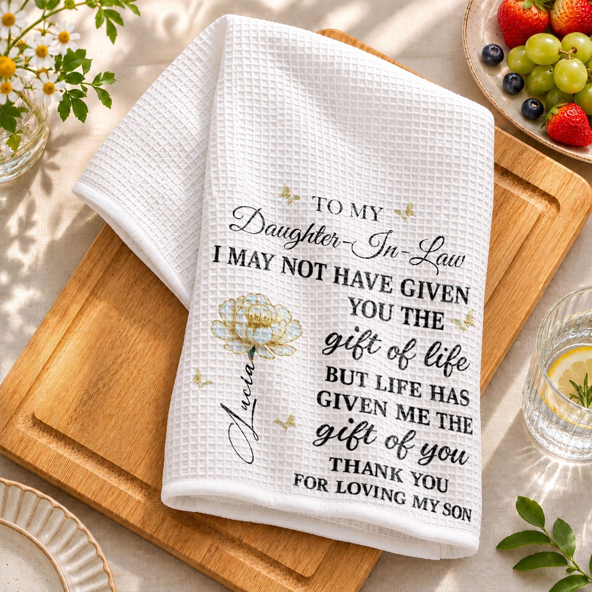 Personalized Kitchen Towel Custom Flower Gift for Daughter-in-Law