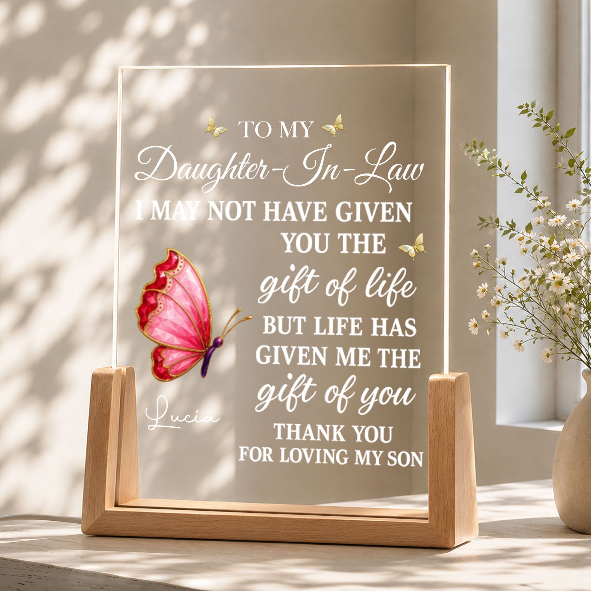 Personalized Acrylic Night Light with Wooden Base Gift for Daughter-in-Law