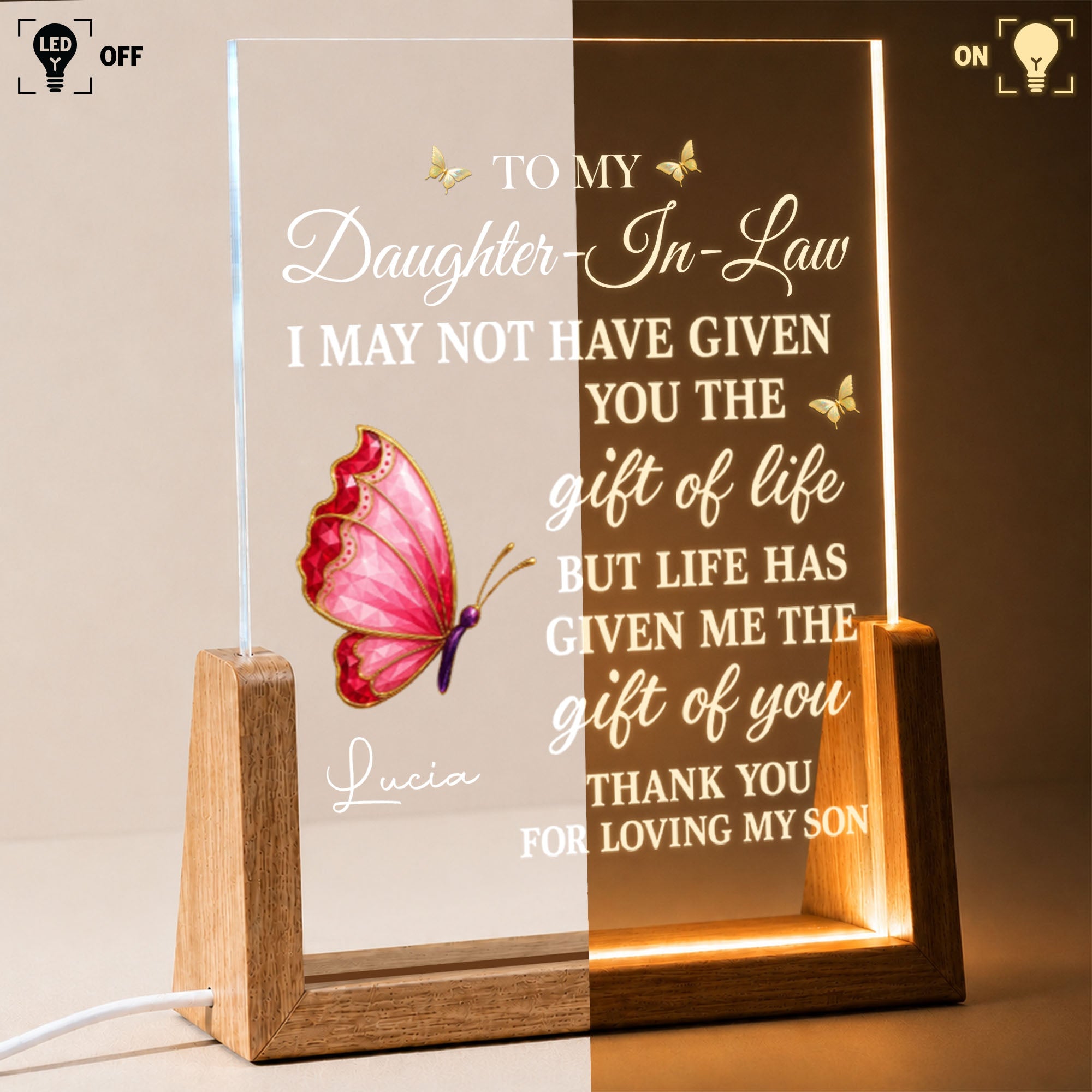 Personalized Acrylic Night Light with Wooden Base Gift for Daughter-in-Law