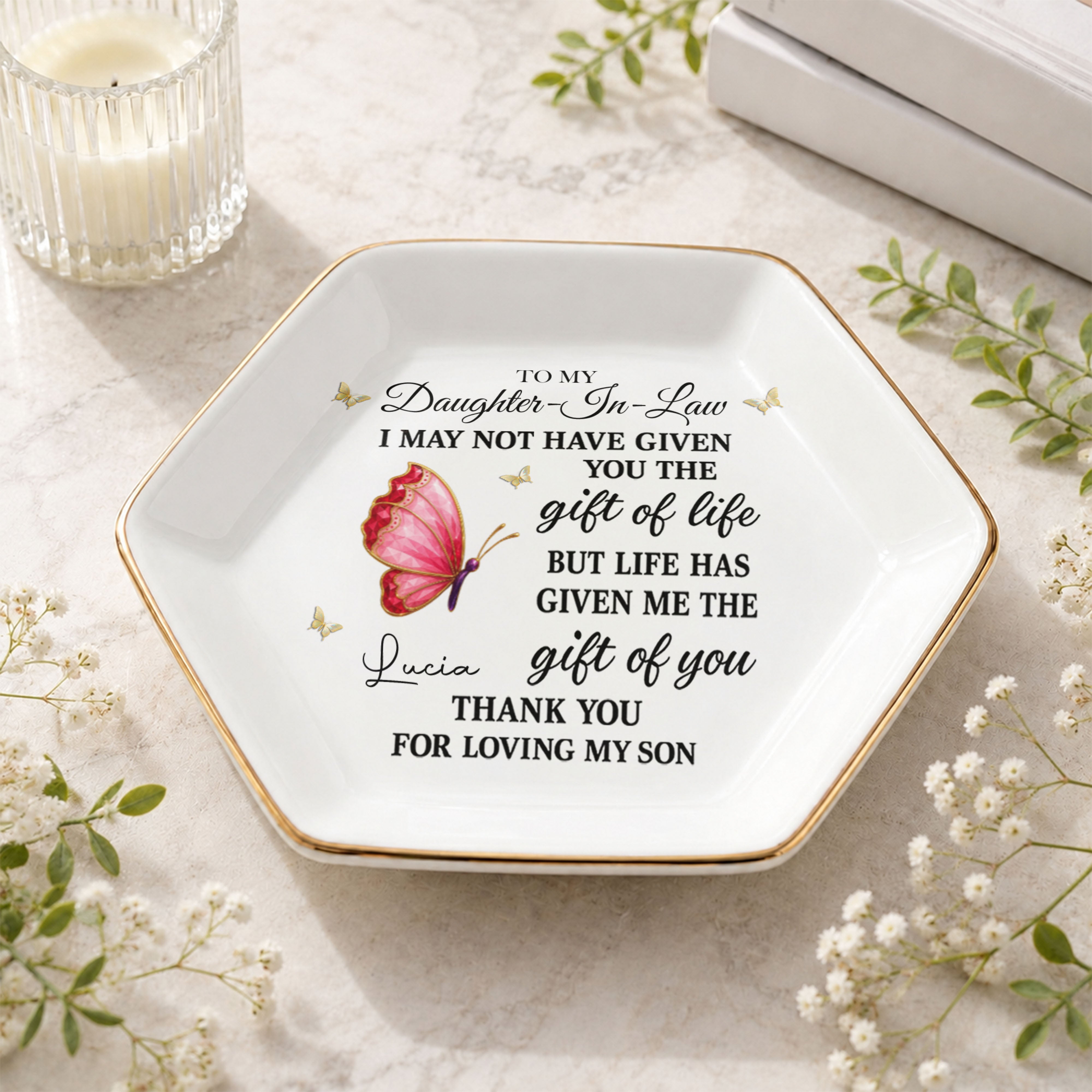 Personalized Hexagonal Jewelry Dish Custom Name Gift for Daughter-in-Law