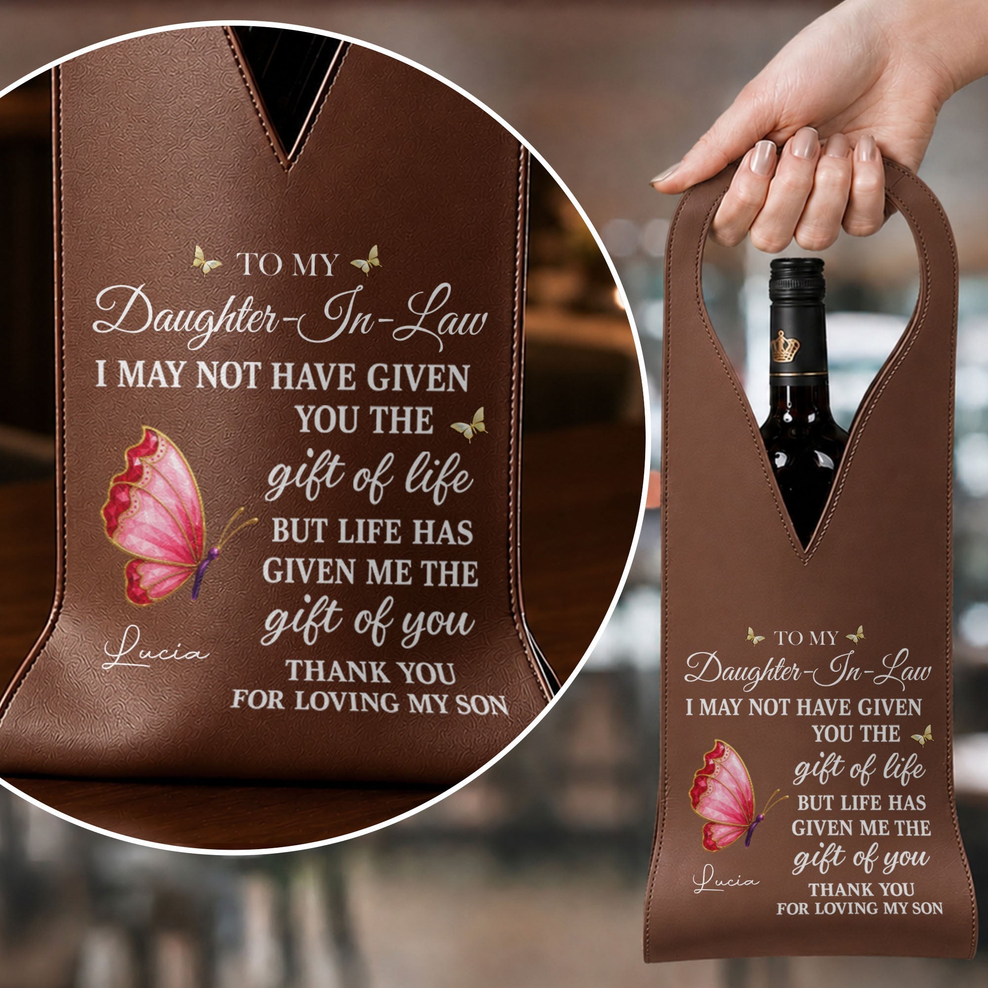 Personalized Leather Wine Bag Custom Name Gift for Daughter-in-Law