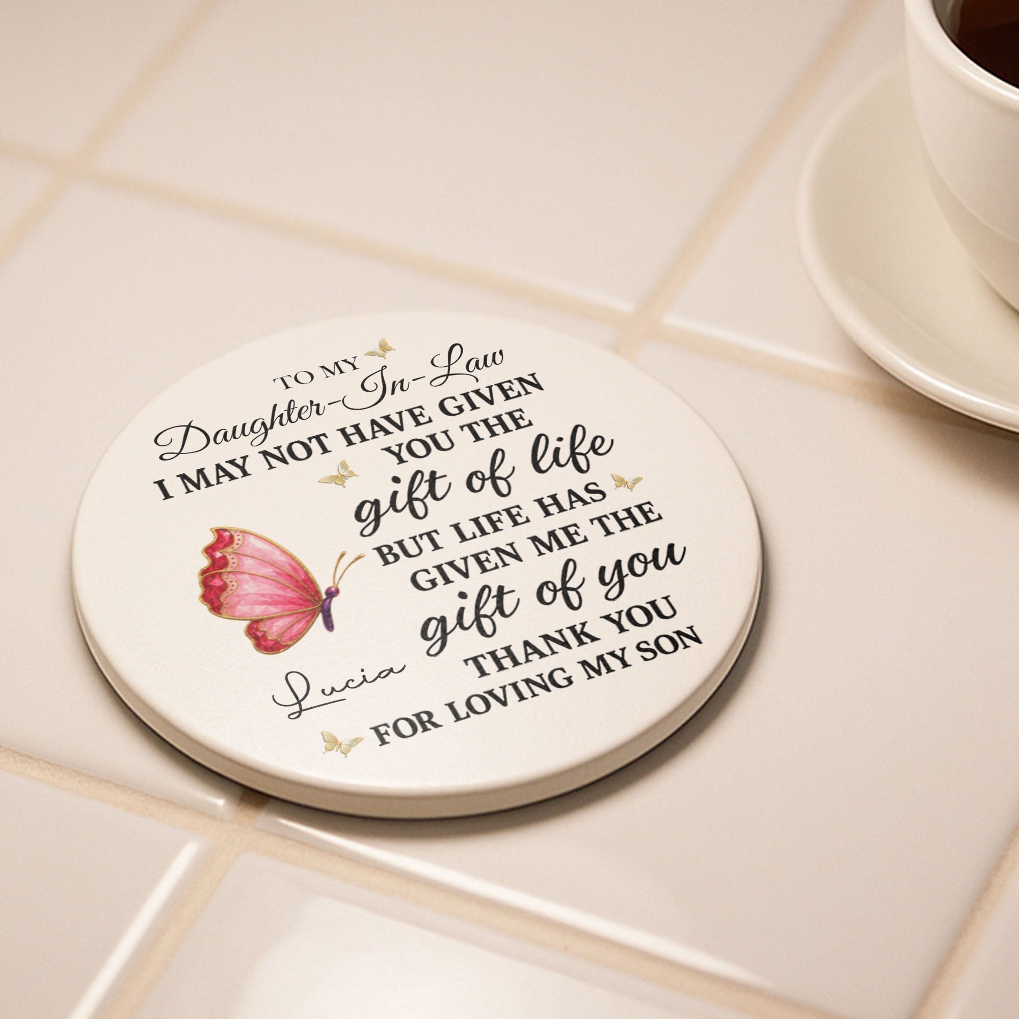 Personalized Butterfly Ceramic Coaster Custom Gift for Daughter-in-Law