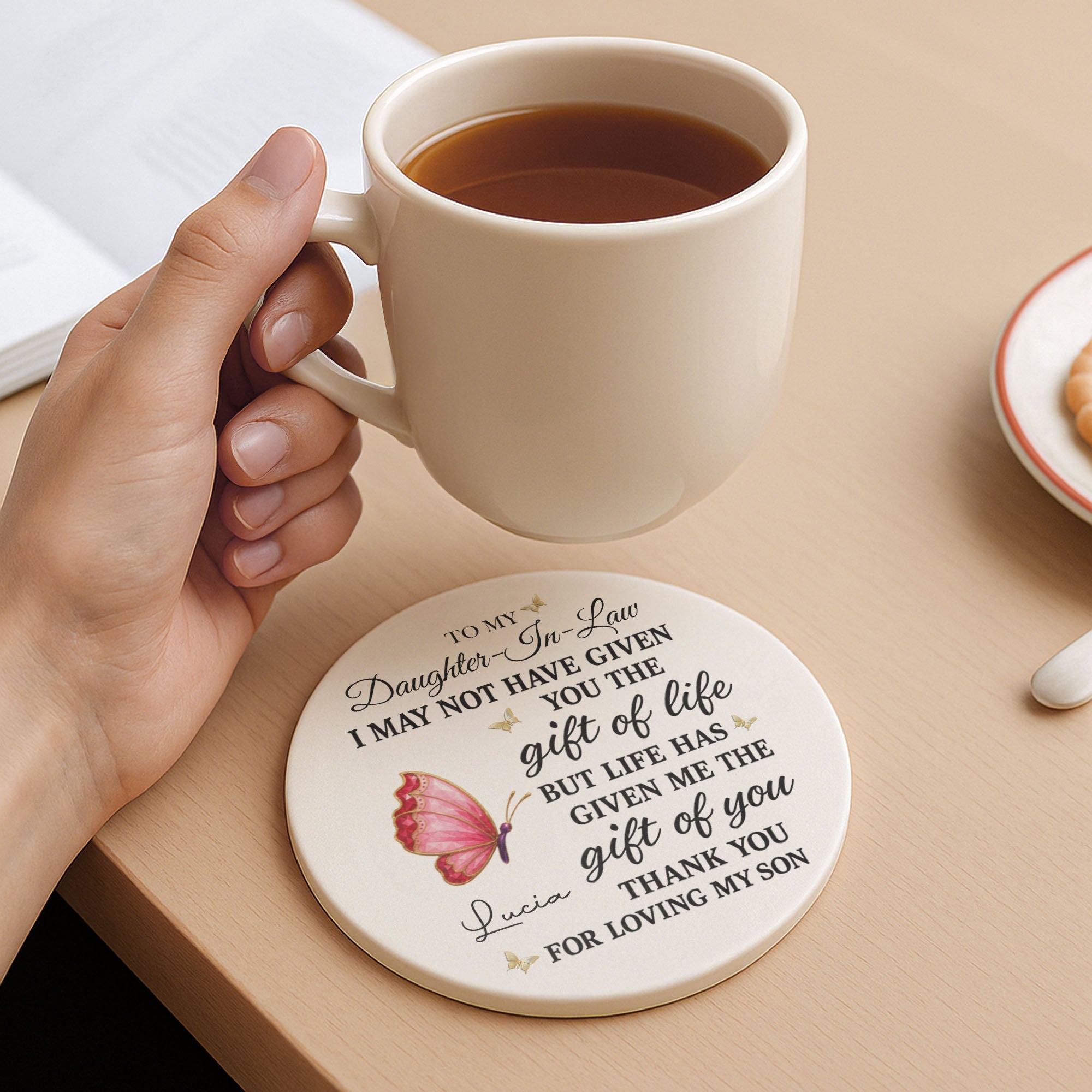 Personalized Butterfly Ceramic Coaster Custom Gift for Daughter-in-Law