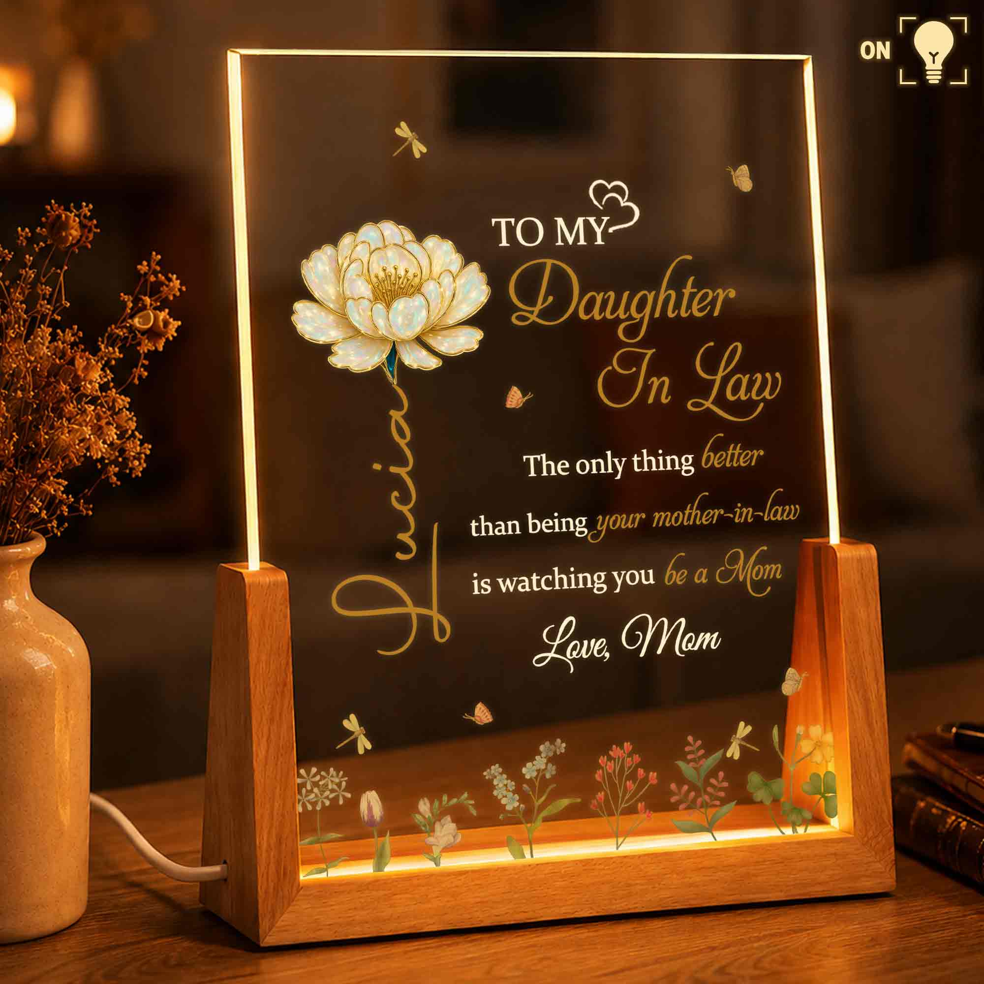Personalized Acrylic Night Light with Wooden Base for Daughter-in-Law