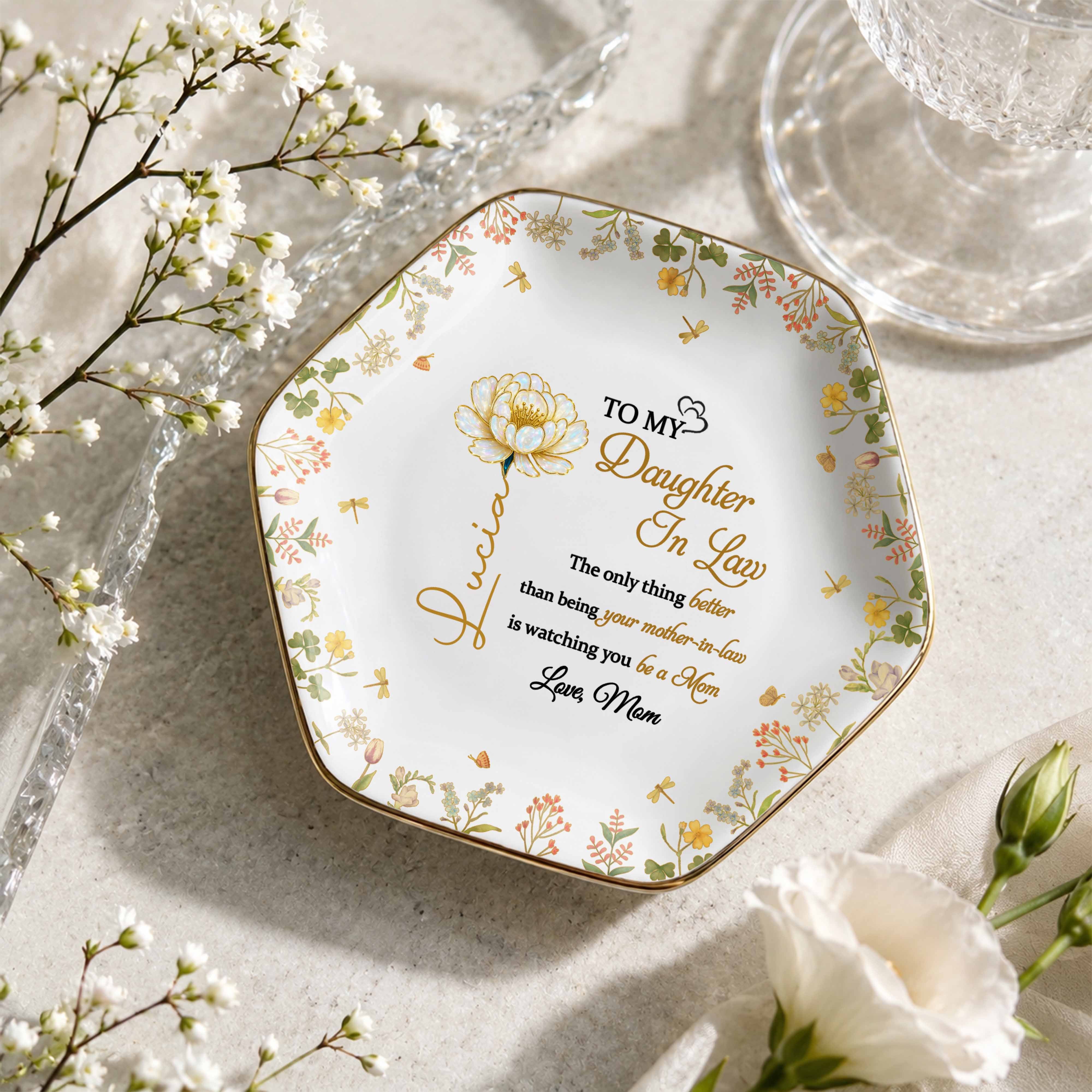 Personalized Hexagonal Ceramic Jewelry Dish Custom Gift for Daughter-in-Law