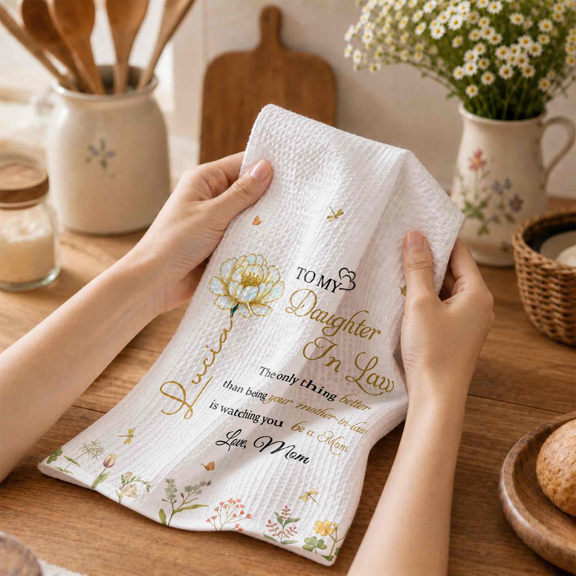 Personalized Birth Month Flowers Kitchen Towel Gift for Daughter-in-Law