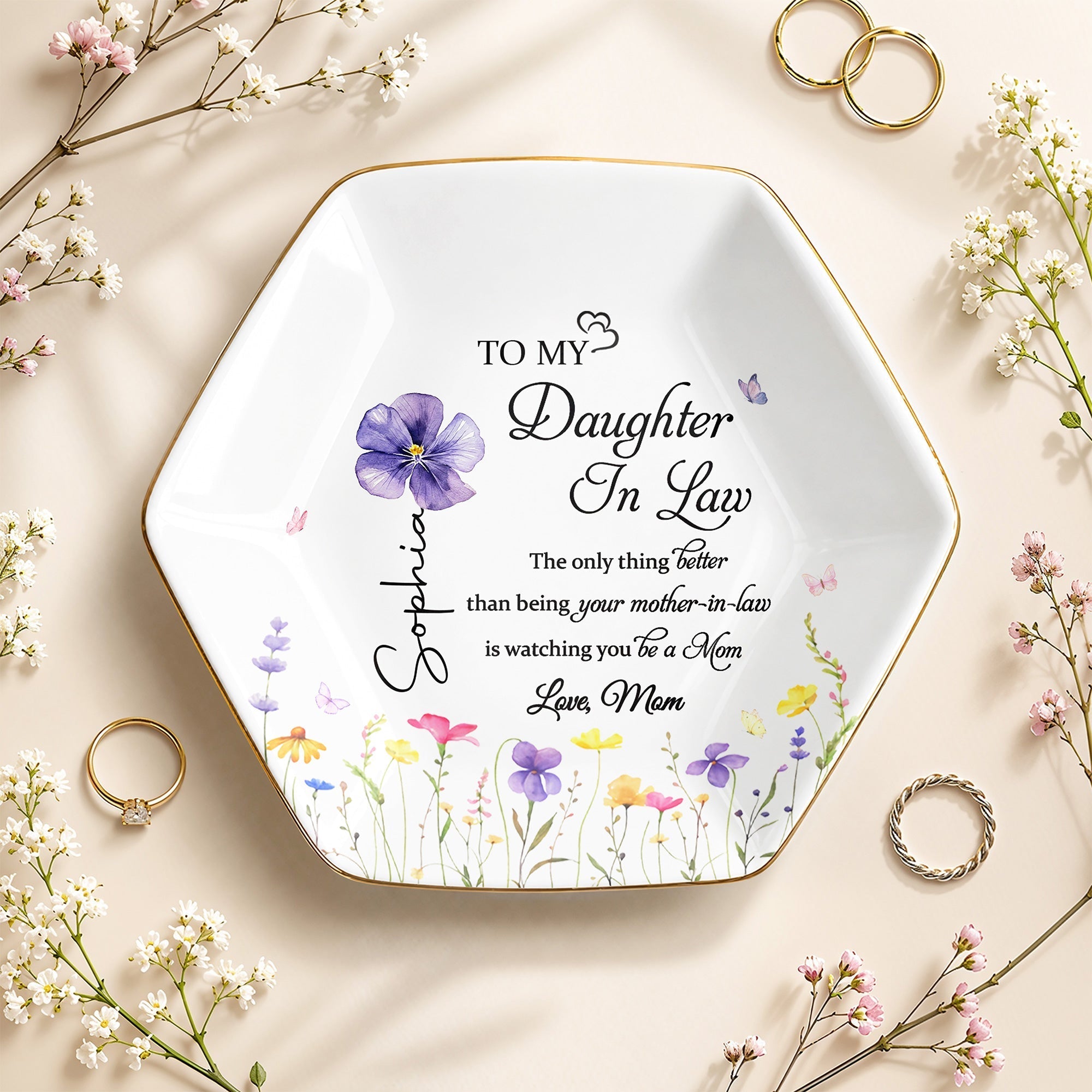 Personalized Birth Month Flower Jewelry Dish Custom Gift for Daughter-in-Law