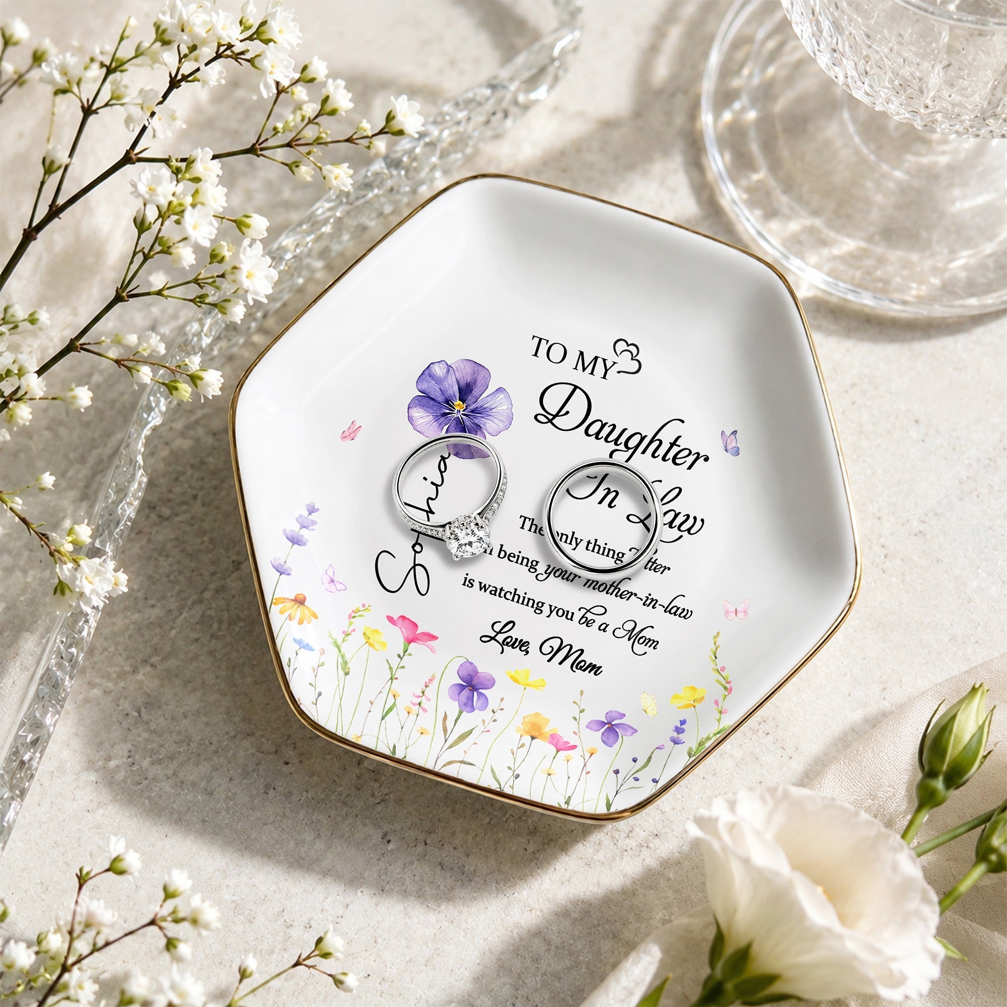 Personalized Birth Month Flower Jewelry Dish Custom Gift for Daughter-in-Law