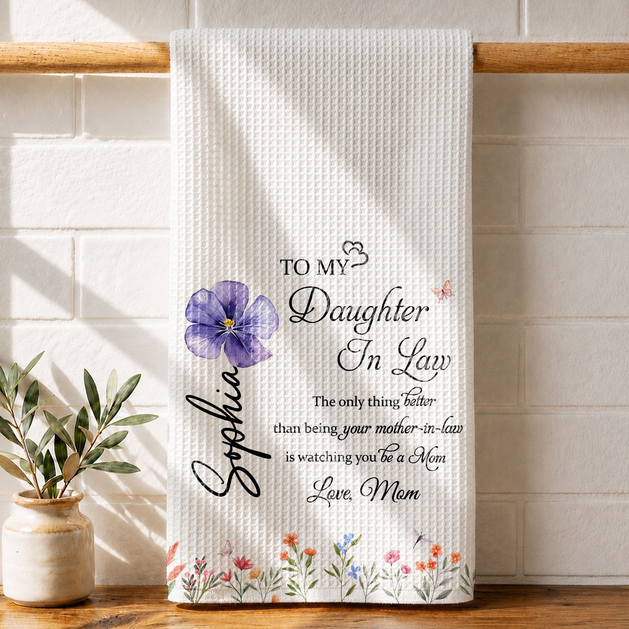 Personalized Kitchen Towel Custom Flowers Gift for Daughter-in-Law