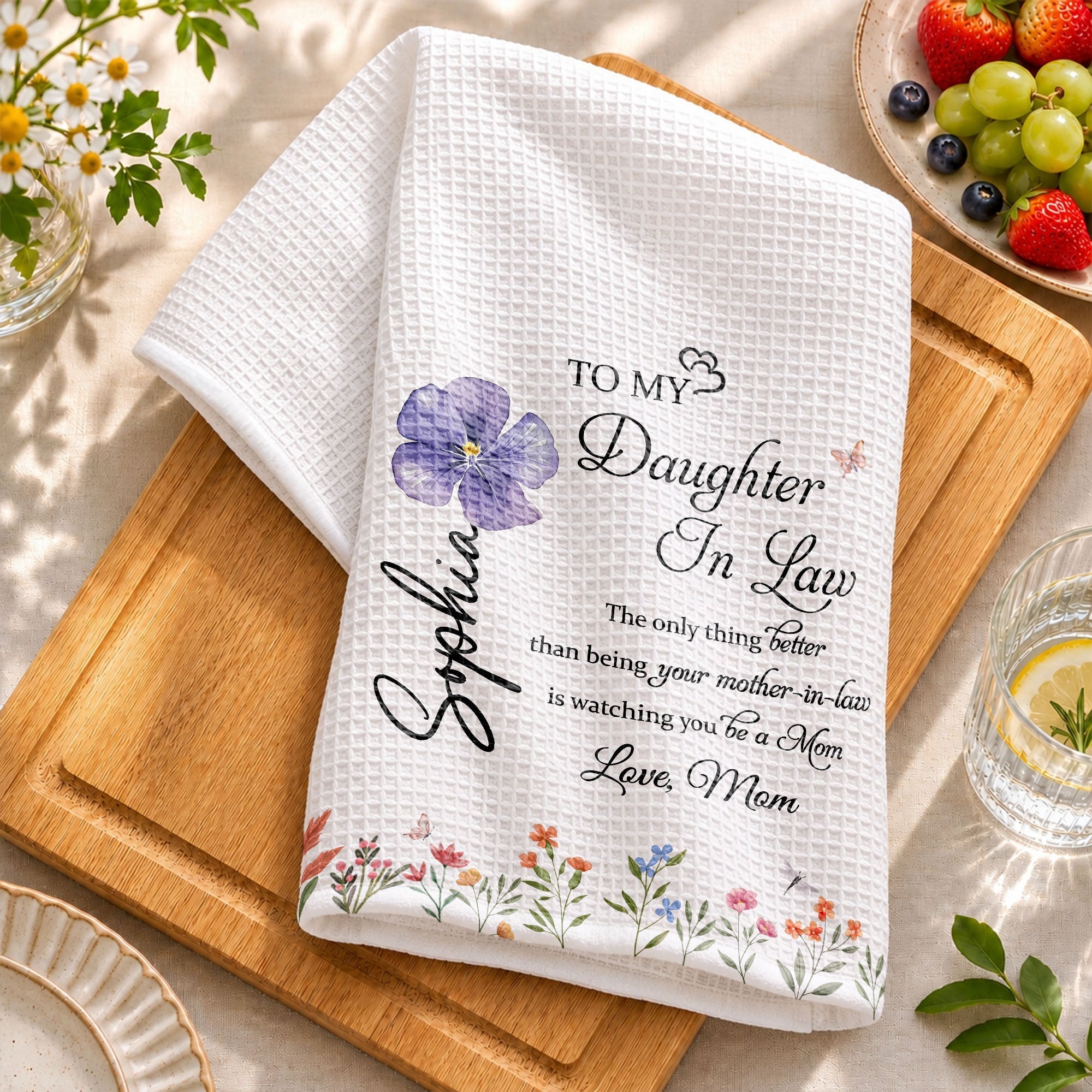 Personalized Kitchen Towel Custom Flowers Gift for Daughter-in-Law