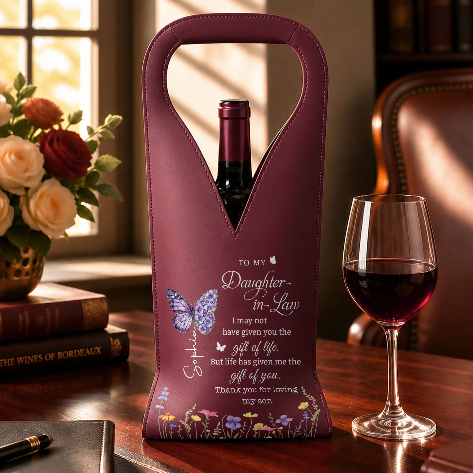 Personalized Leather Wine Bag Custom Name Gift for Daughter-in-Law