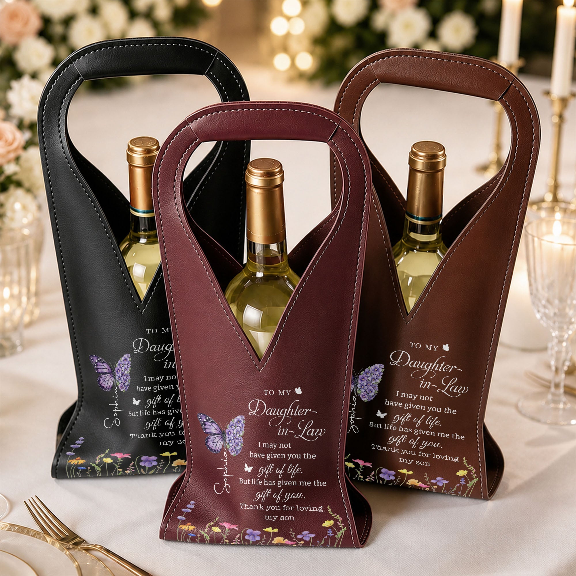 Personalized Leather Wine Bag Custom Name Gift for Daughter-in-Law