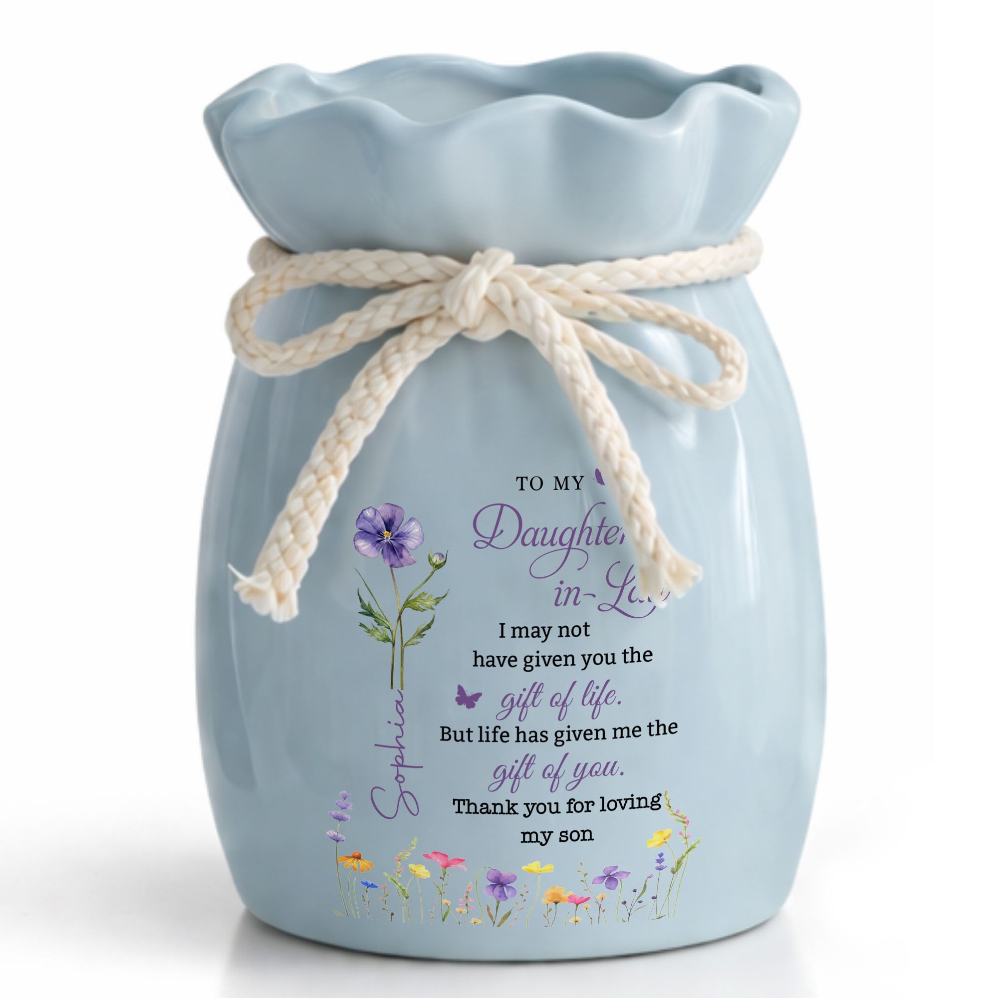 Personalized Ribbon Tie Flower Vase Custom Name for Daughter-in-Law Gift