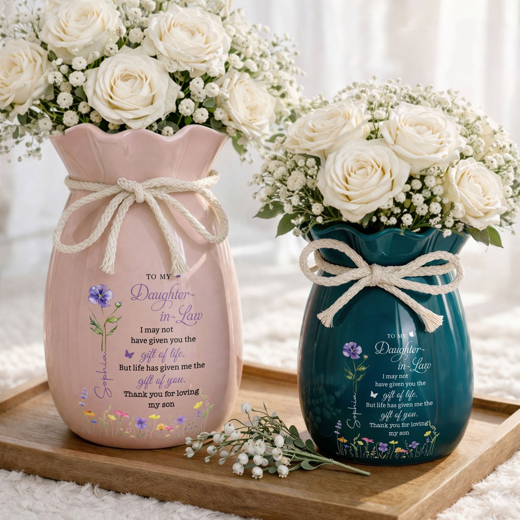 Personalized Ribbon Tie Flower Vase Custom Name for Daughter-in-Law Gift