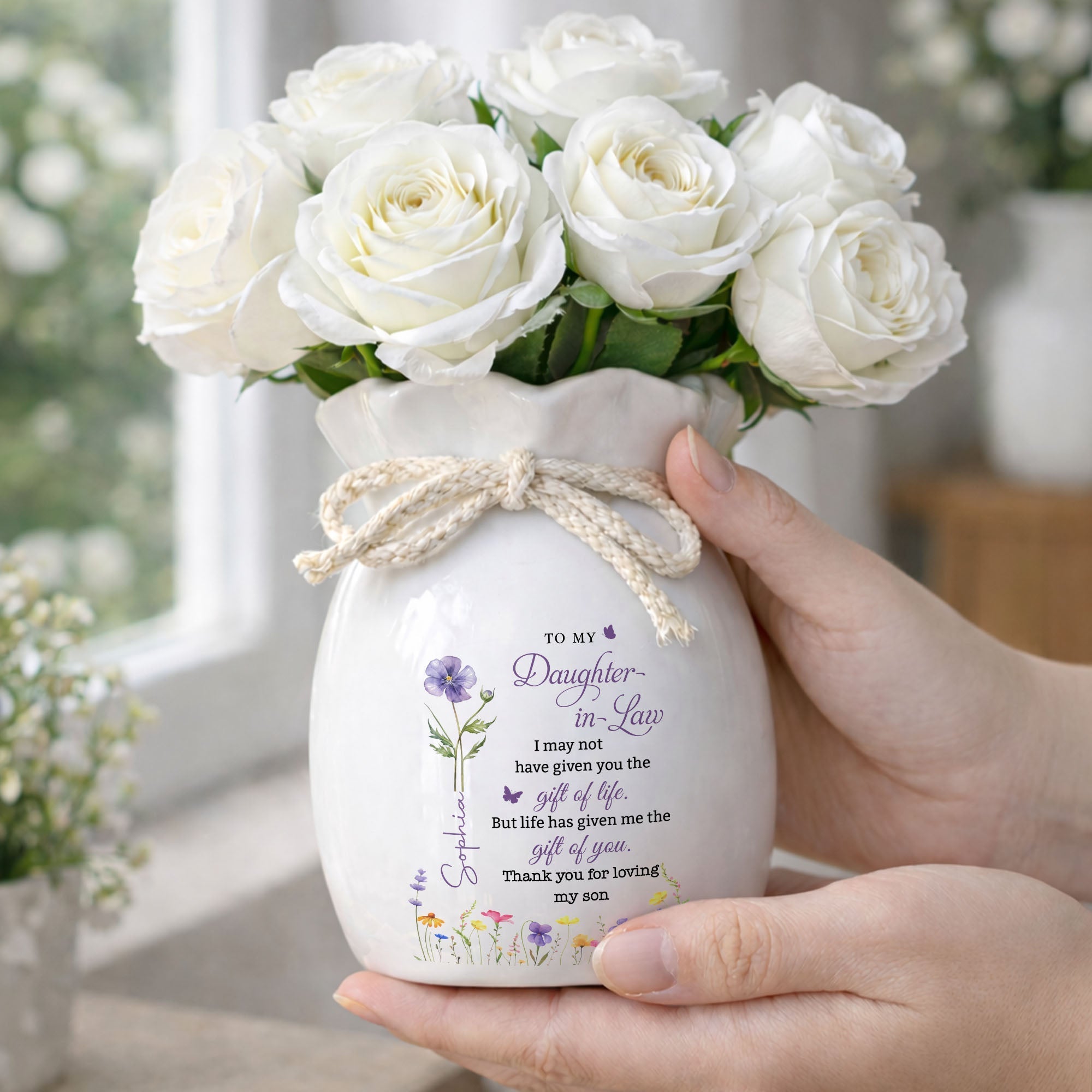 Personalized Ribbon Tie Flower Vase Custom Name for Daughter-in-Law Gift