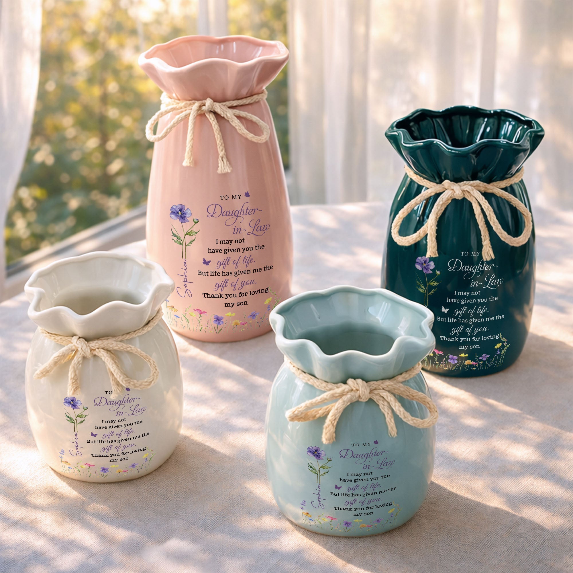 Personalized Ribbon Tie Flower Vase Custom Name for Daughter-in-Law Gift