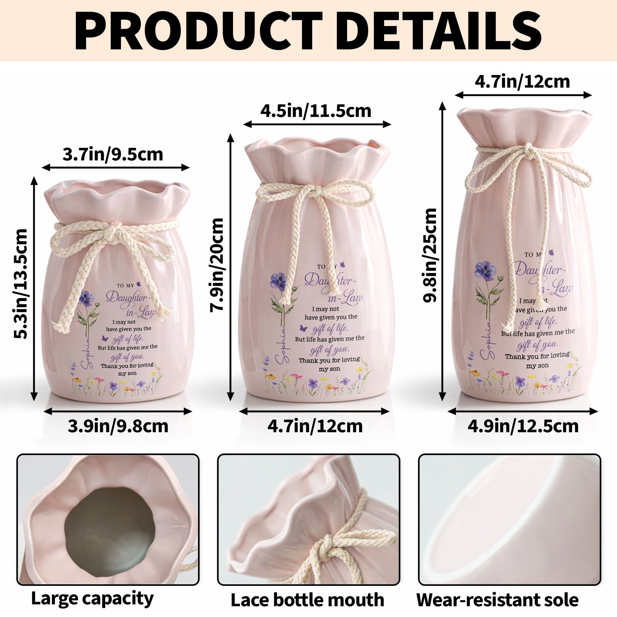 Personalized Ribbon Tie Flower Vase Custom Name for Daughter-in-Law Gift