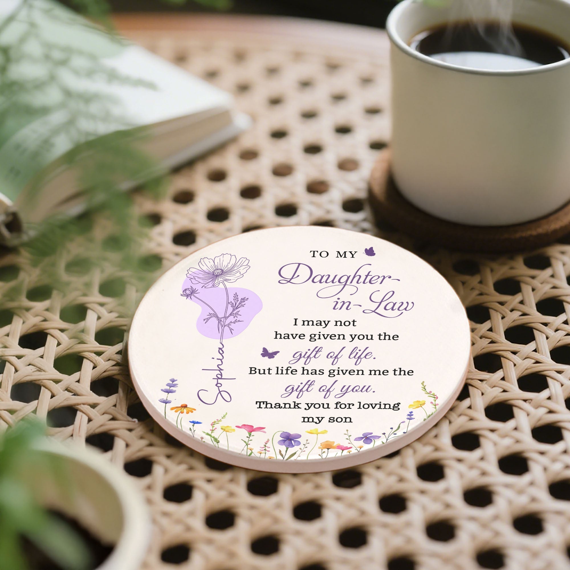 Personalized Floral Ceramic Coaster Custom Name Gift for Daughter-in-Law