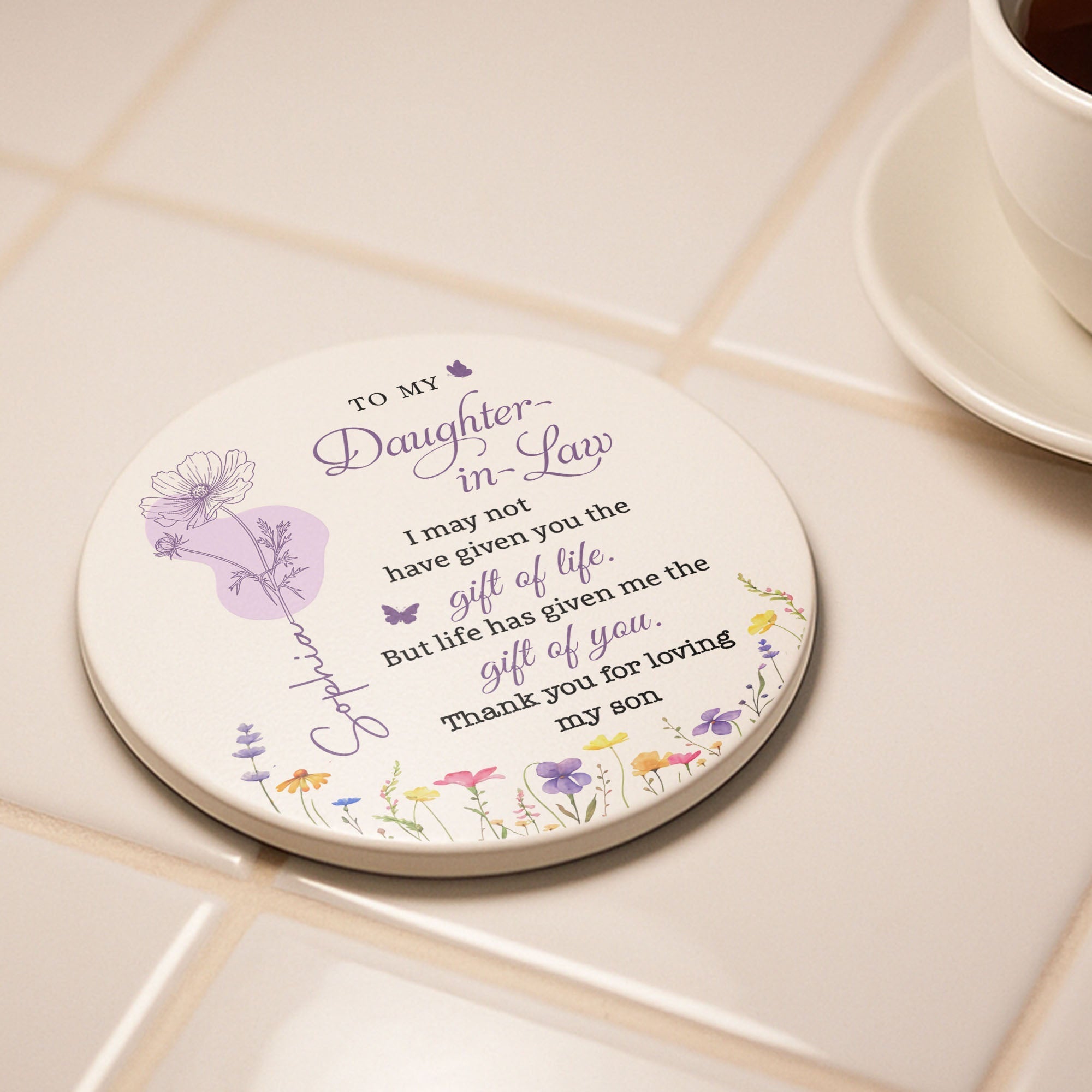 Personalized Floral Ceramic Coaster Custom Name Gift for Daughter-in-Law
