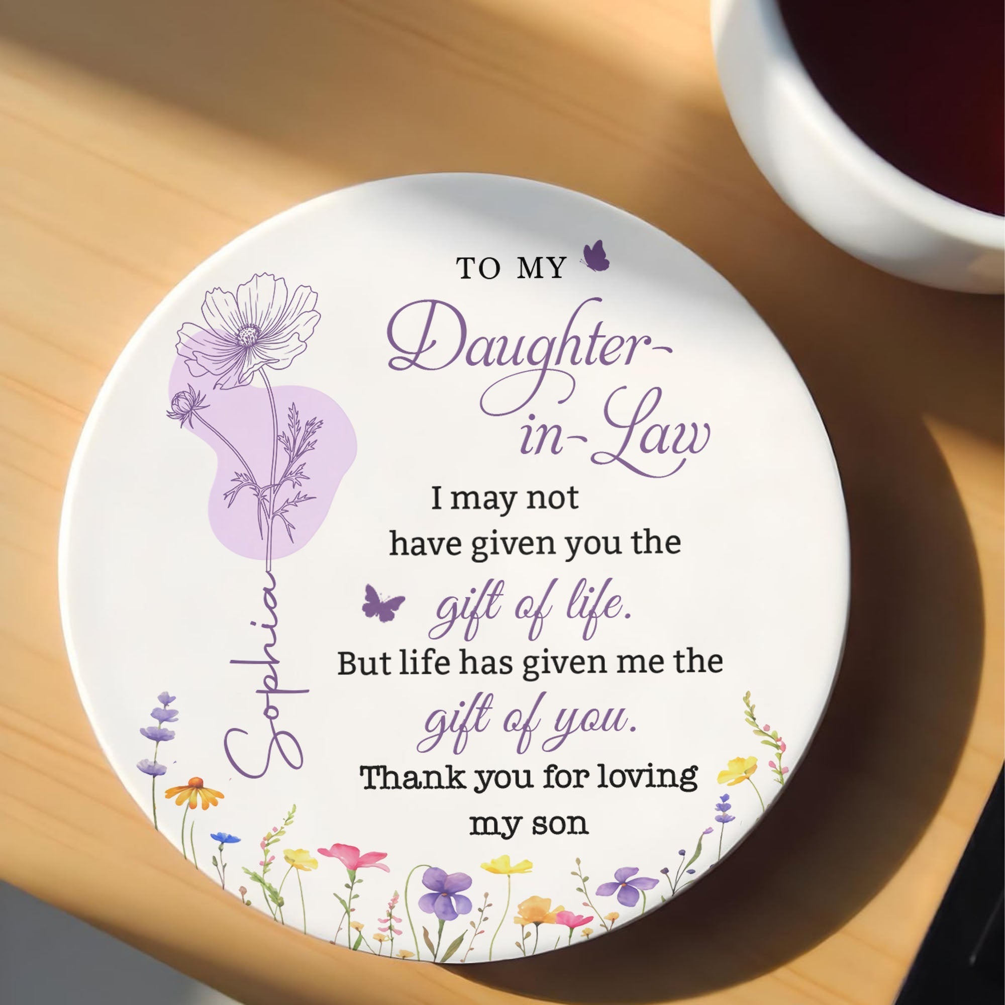 Personalized Floral Ceramic Coaster Custom Name Gift for Daughter-in-Law