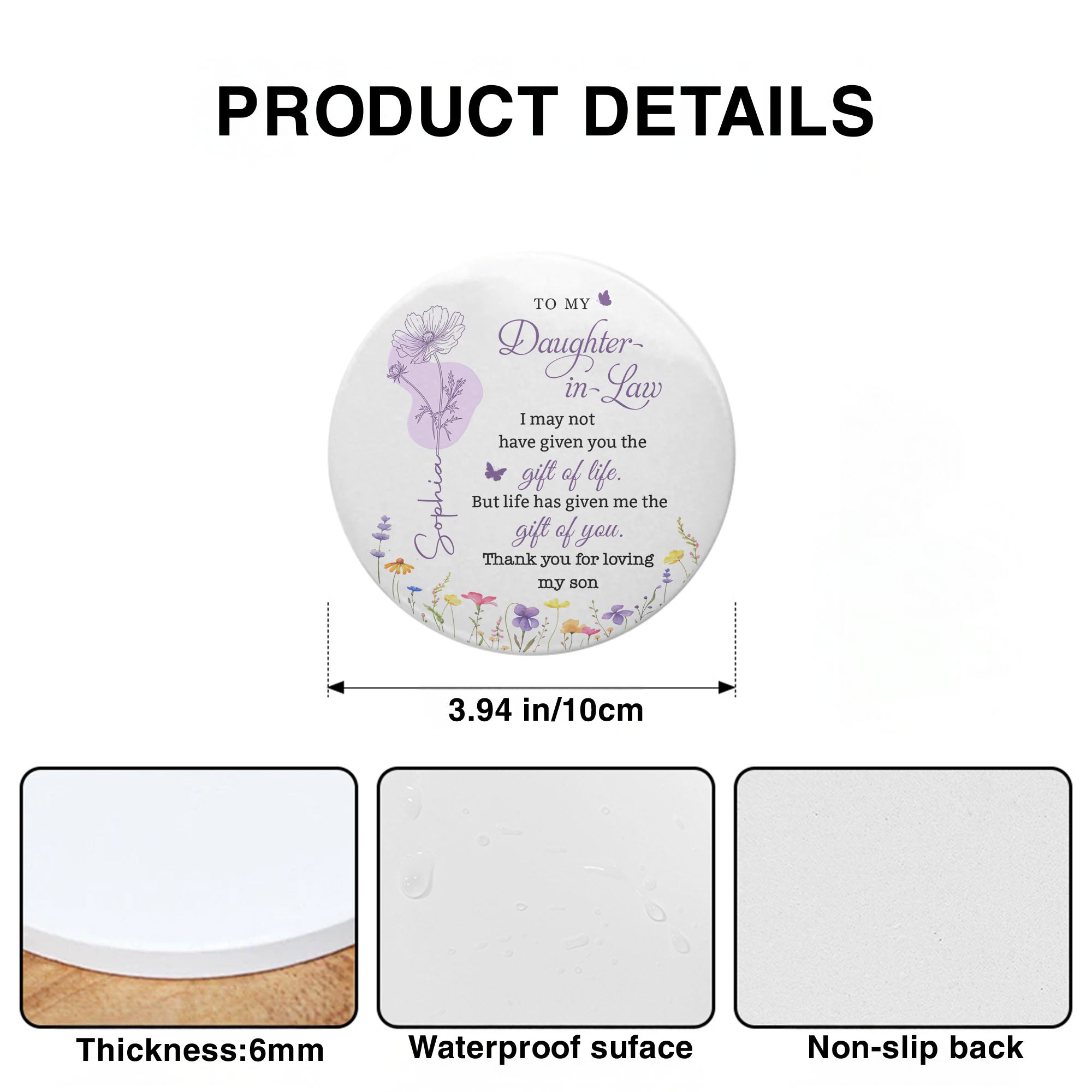 Personalized Floral Ceramic Coaster Custom Name Gift for Daughter-in-Law