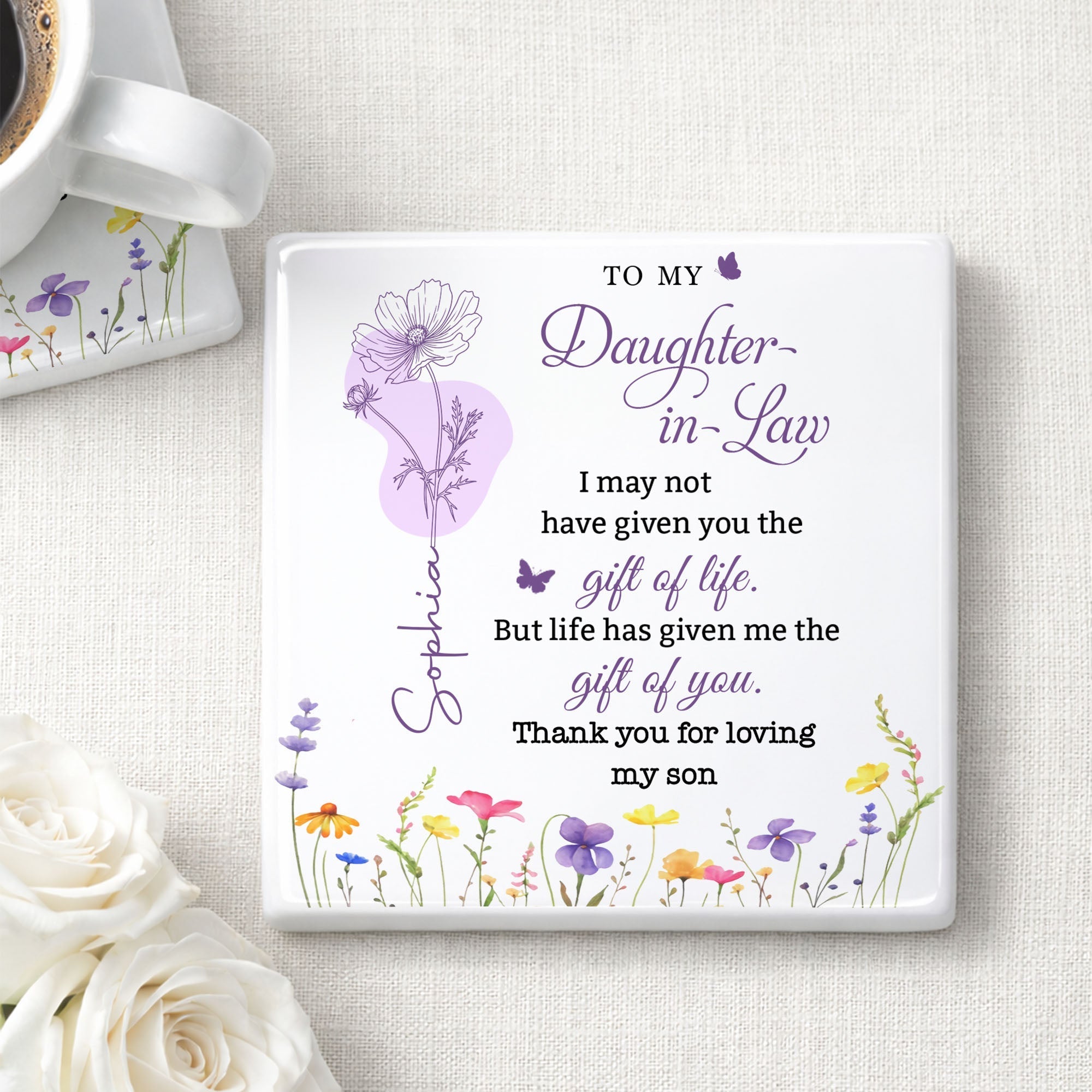 Personalized Ceramic Coaster Custom Name Gift for Daughter-in-Law