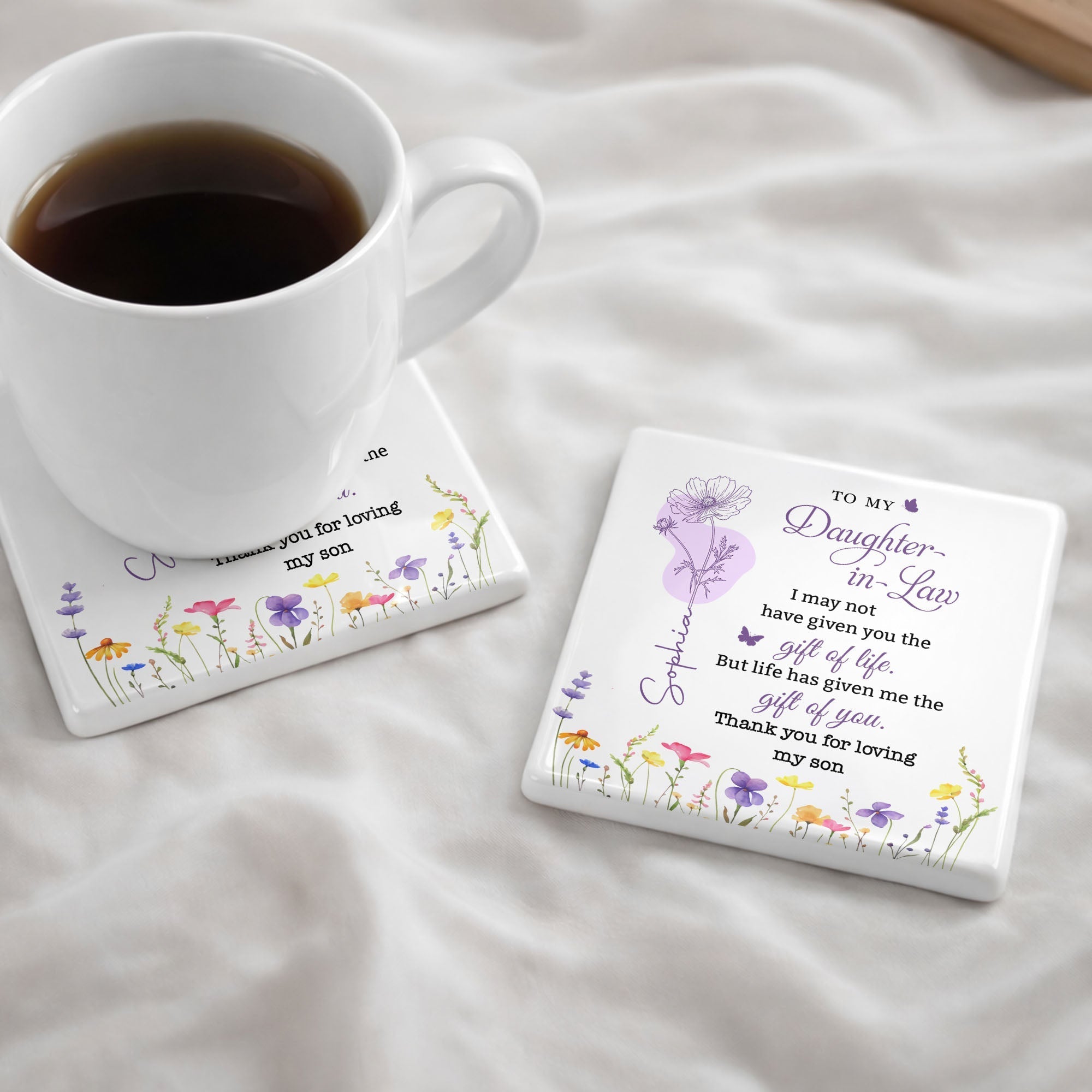 Personalized Ceramic Coaster Custom Name Gift for Daughter-in-Law