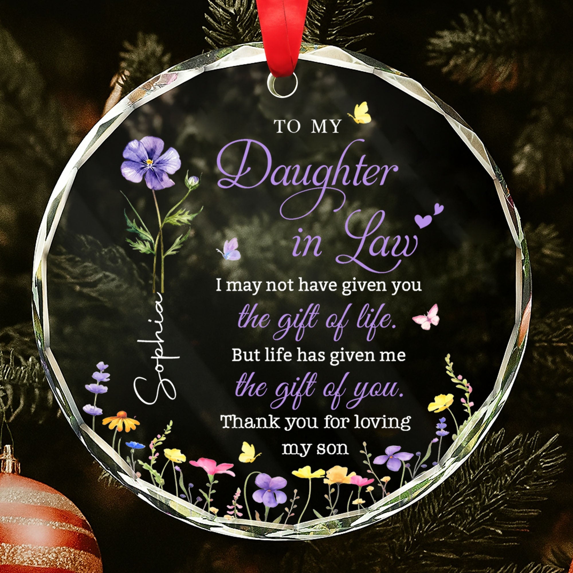 Personalized Birth Month Flower Glass Ornament for Daughter-in-Law Gift