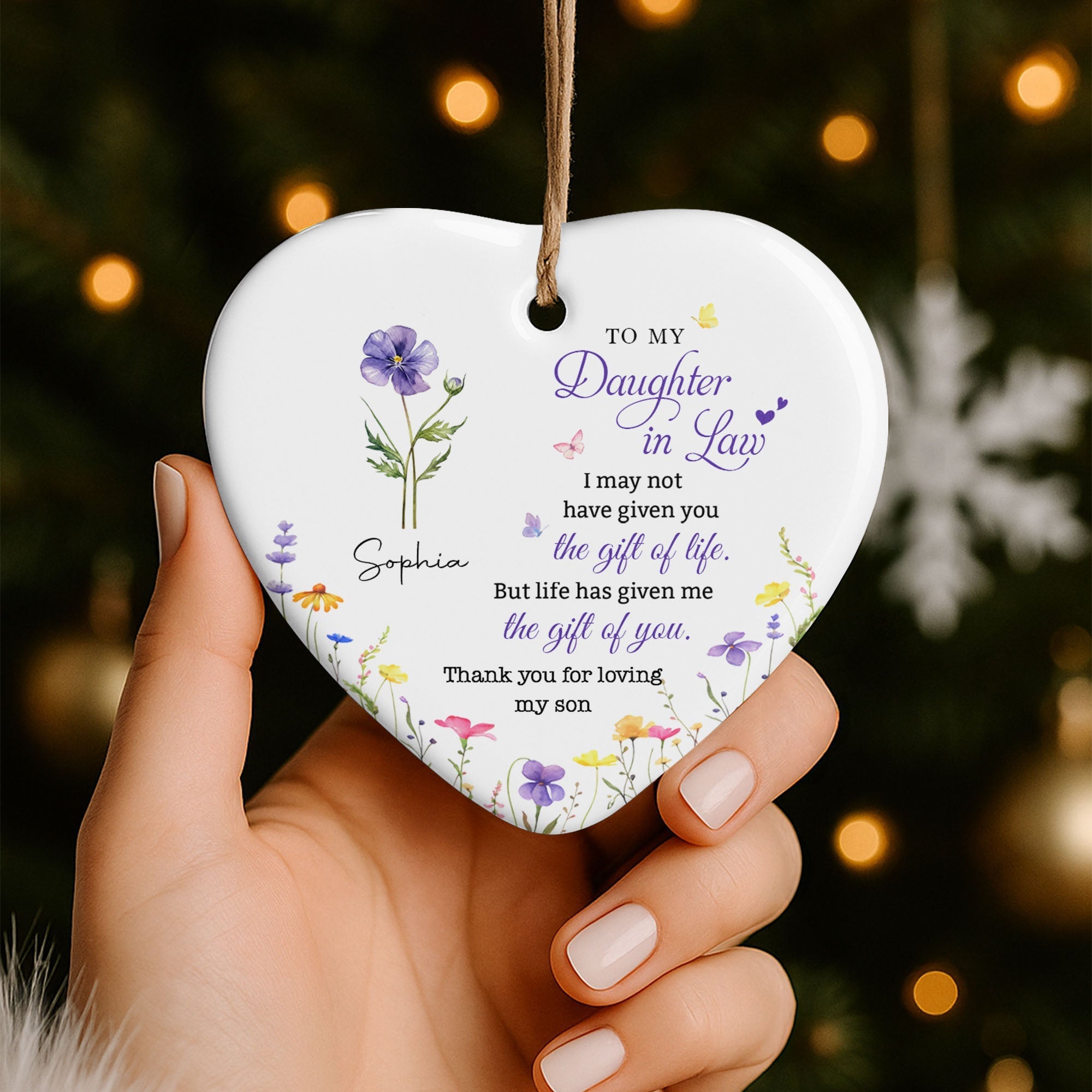 Personalized Heart-Shaped Ceramic Ornament Custom Birth Month Flowers Gift for Daughter-in-Law