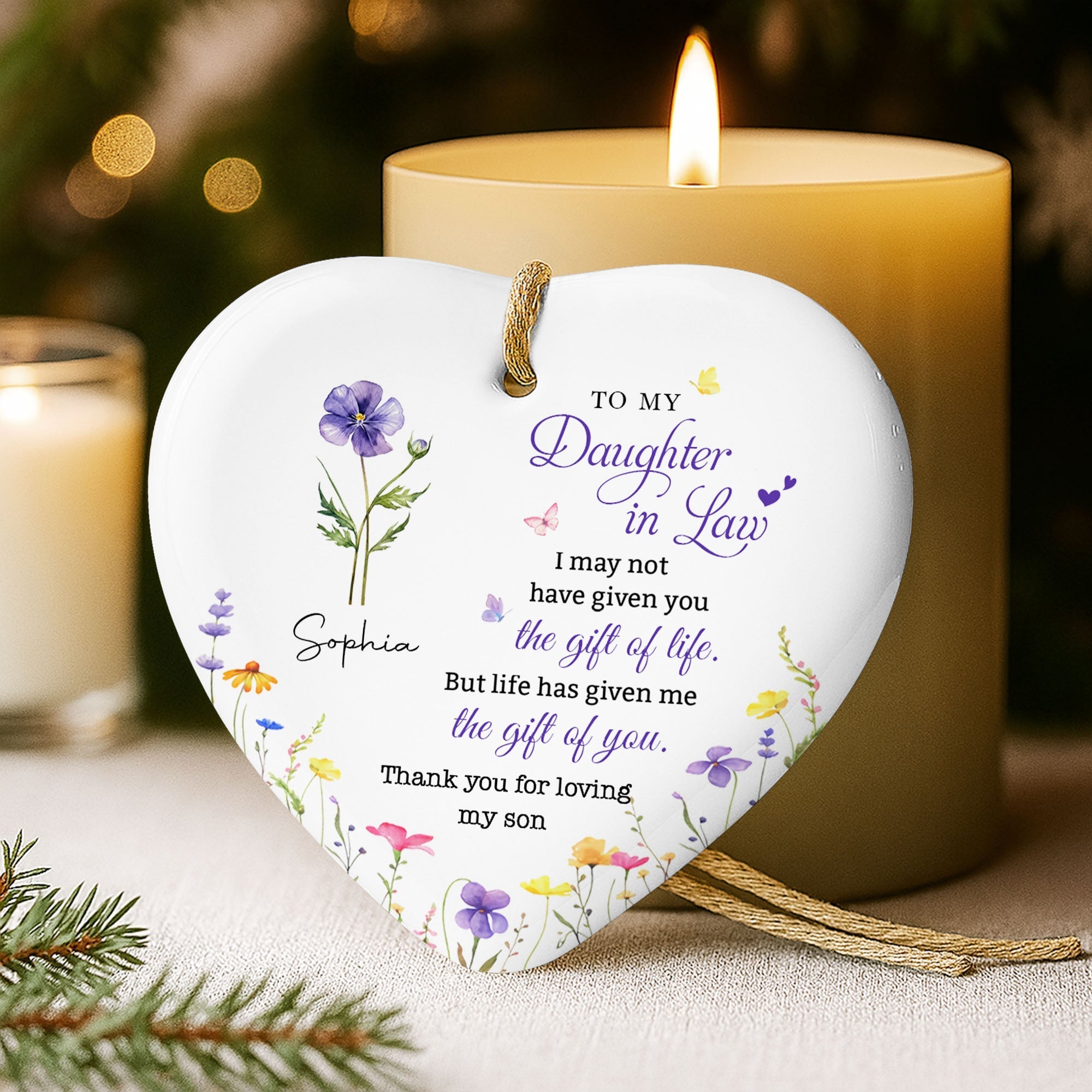 Personalized Heart-Shaped Ceramic Ornament Custom Birth Month Flowers Gift for Daughter-in-Law