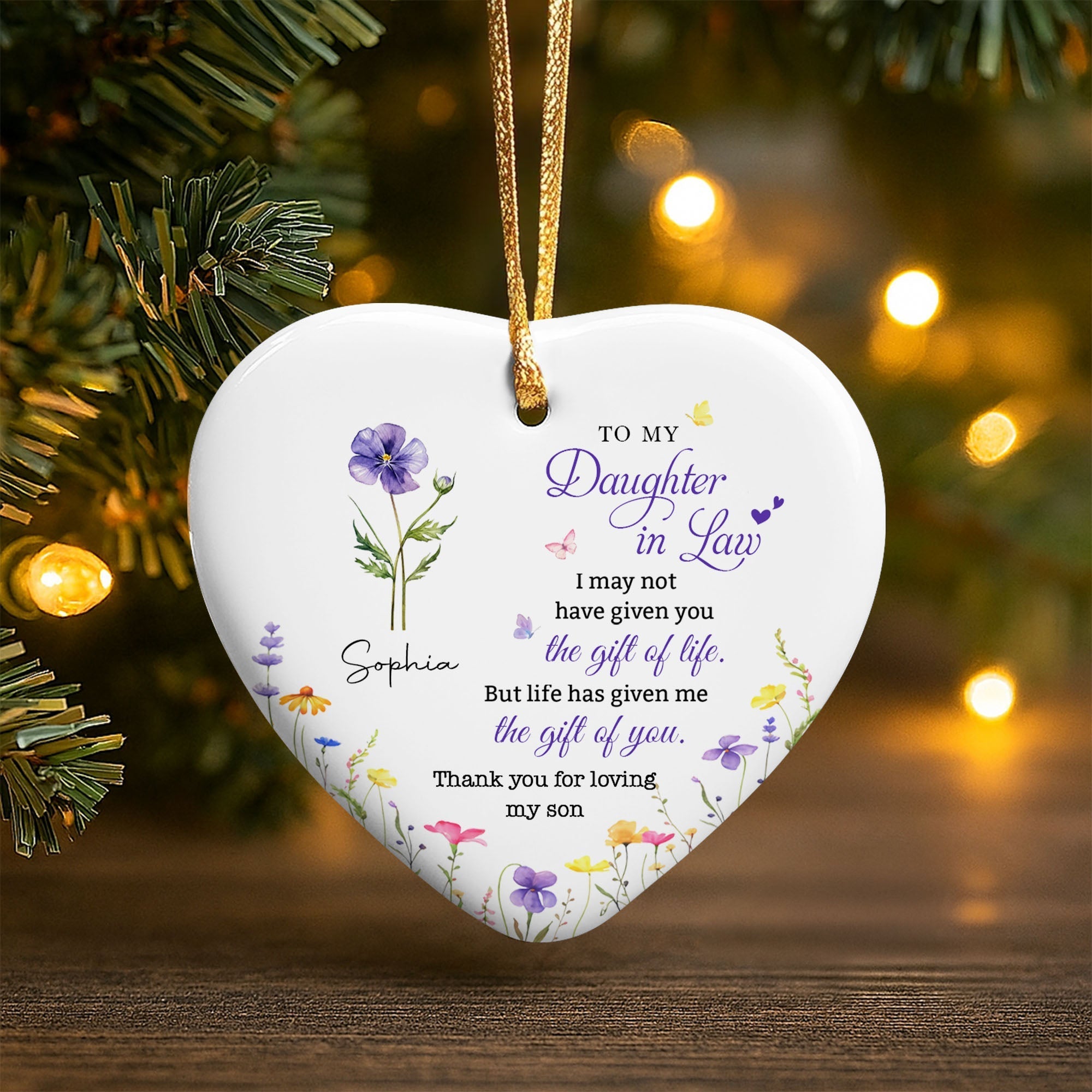 Personalized Heart-Shaped Ceramic Ornament Custom Birth Month Flowers Gift for Daughter-in-Law