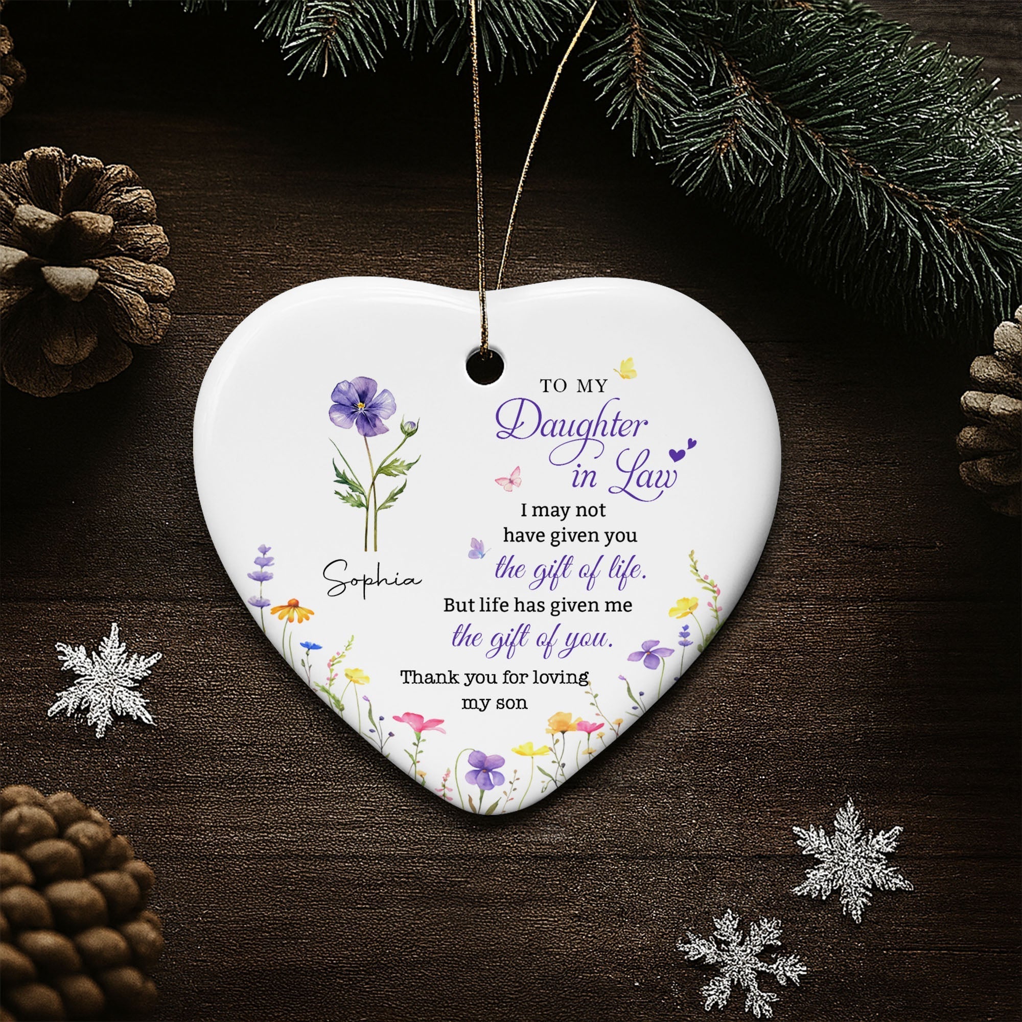 Personalized Heart-Shaped Ceramic Ornament Custom Birth Month Flowers Gift for Daughter-in-Law