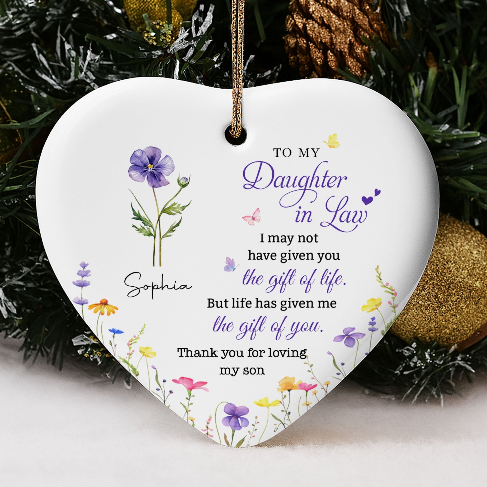 Personalized Heart-Shaped Ceramic Ornament Custom Birth Month Flowers Gift for Daughter-in-Law