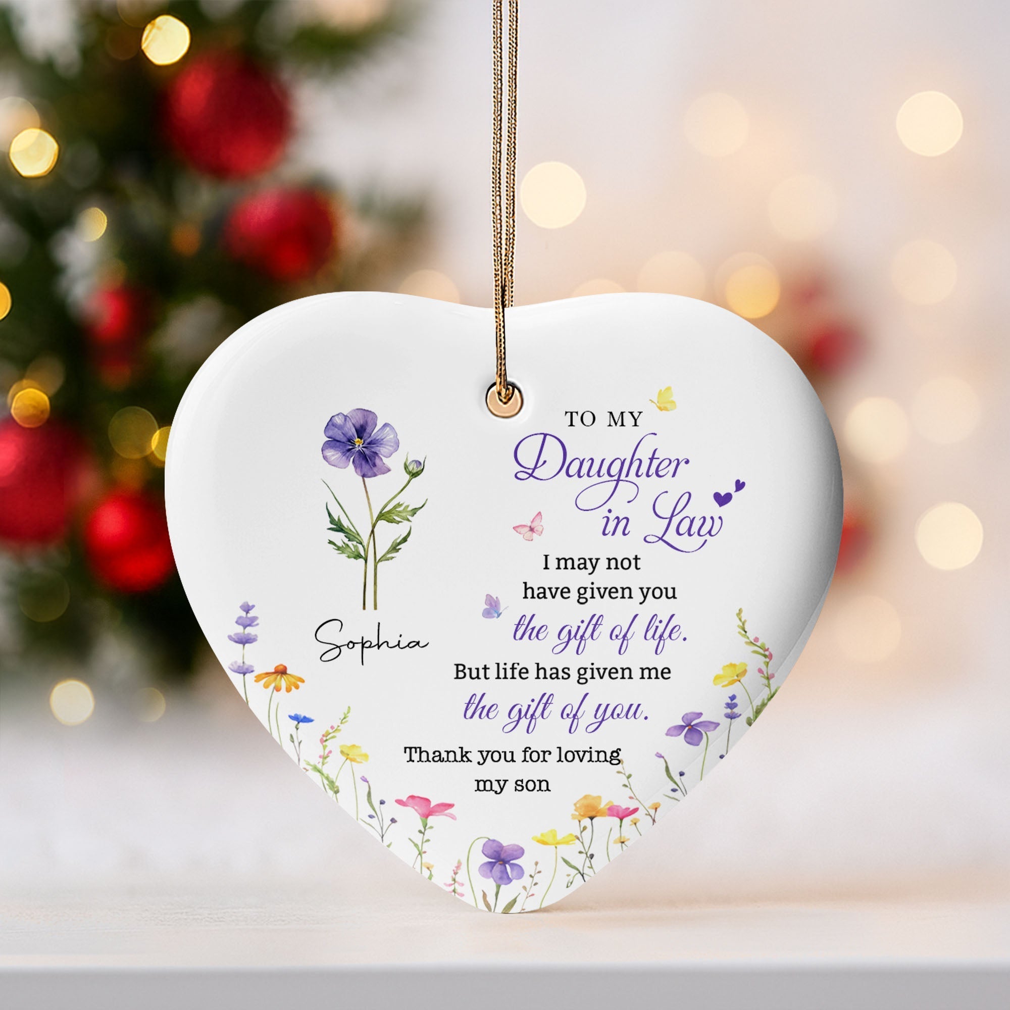 Personalized Heart-Shaped Ceramic Ornament Custom Birth Month Flowers Gift for Daughter-in-Law