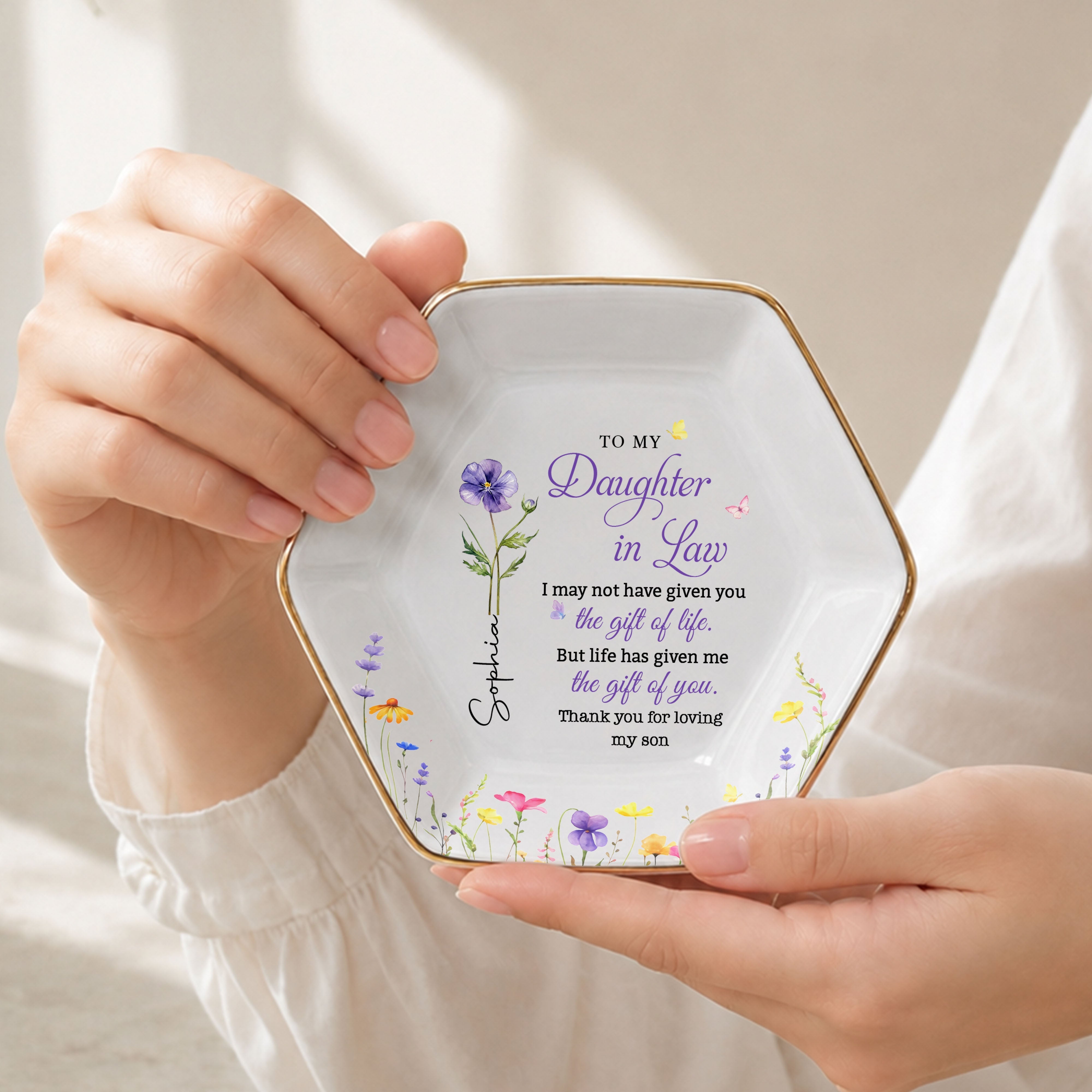 Personalized Hexagonal Ceramic Jewelry Dish for Daughter-in-Law Gift