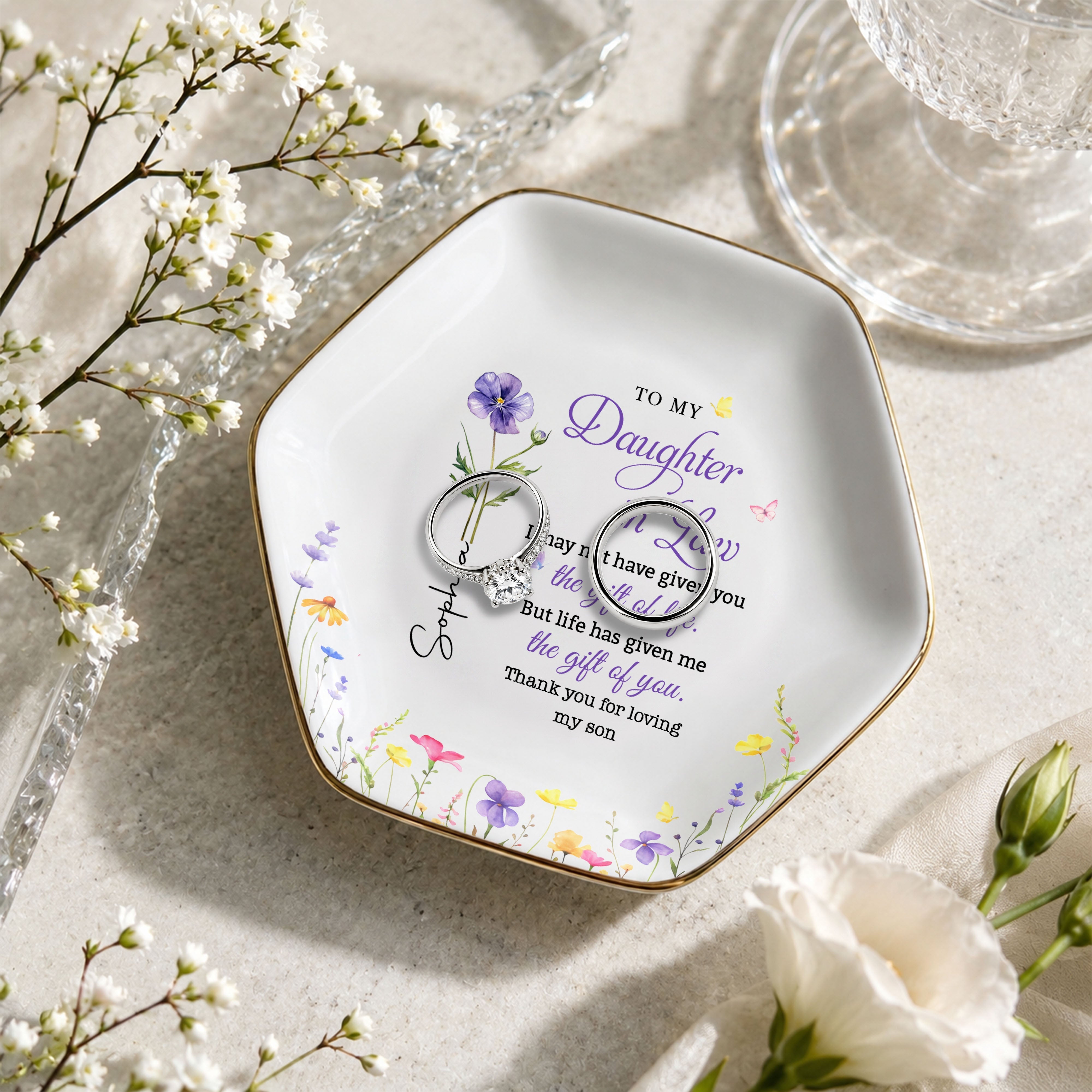 Personalized Hexagonal Ceramic Jewelry Dish for Daughter-in-Law Gift