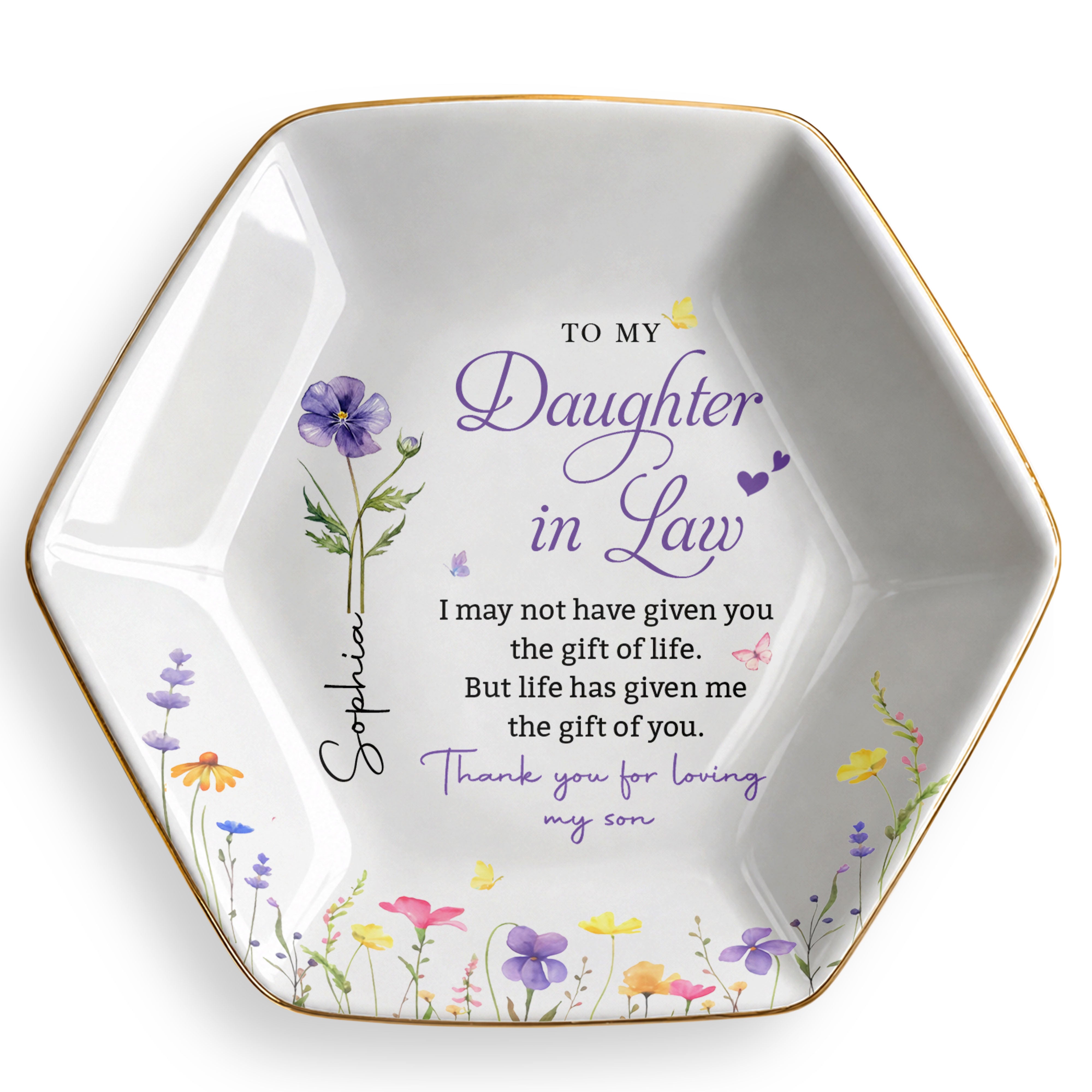 Personalized Hexagonal Ceramic Jewelry Dish Custom Flower Gift for Daughter-in-Law