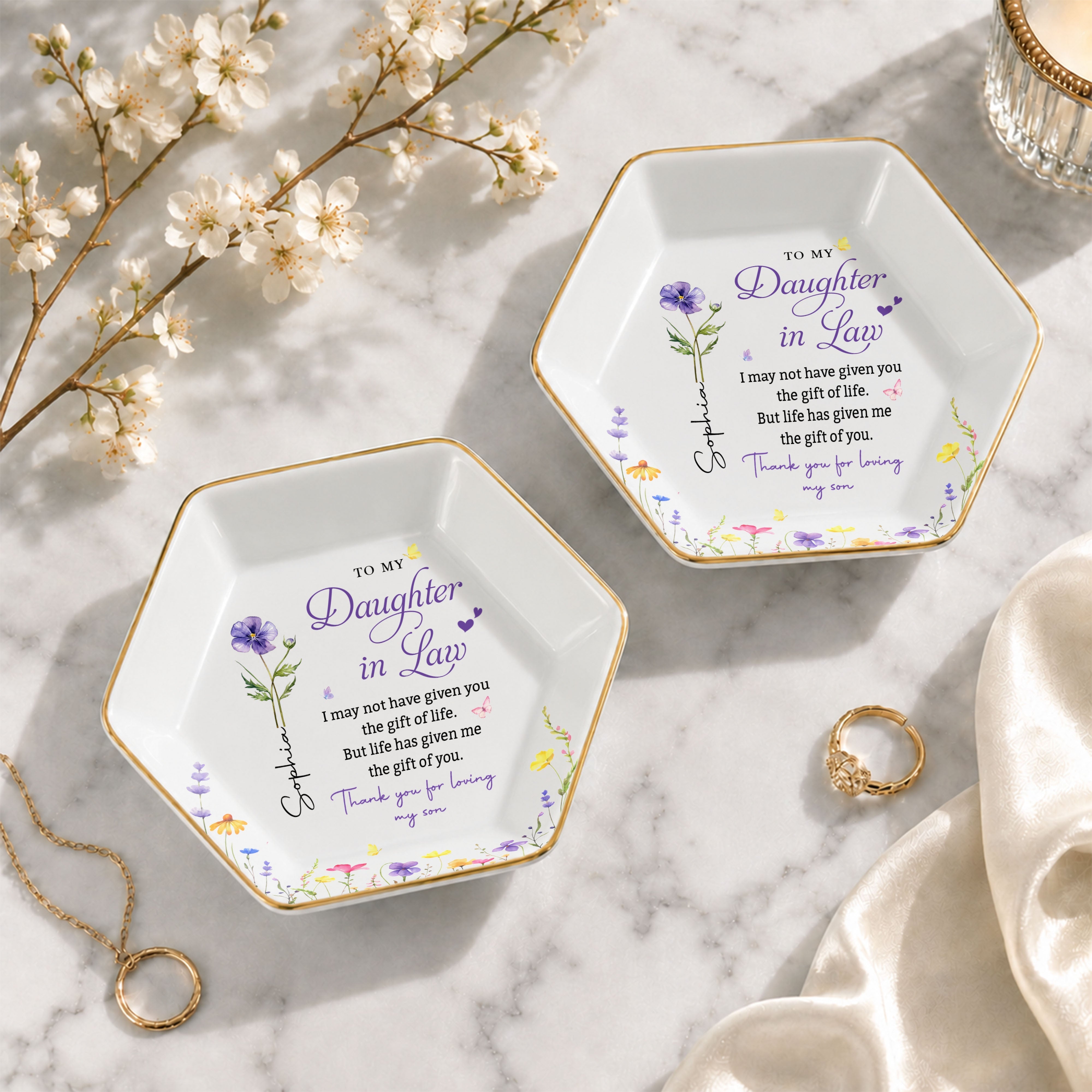 Personalized Hexagonal Ceramic Jewelry Dish Custom Flower Gift for Daughter-in-Law