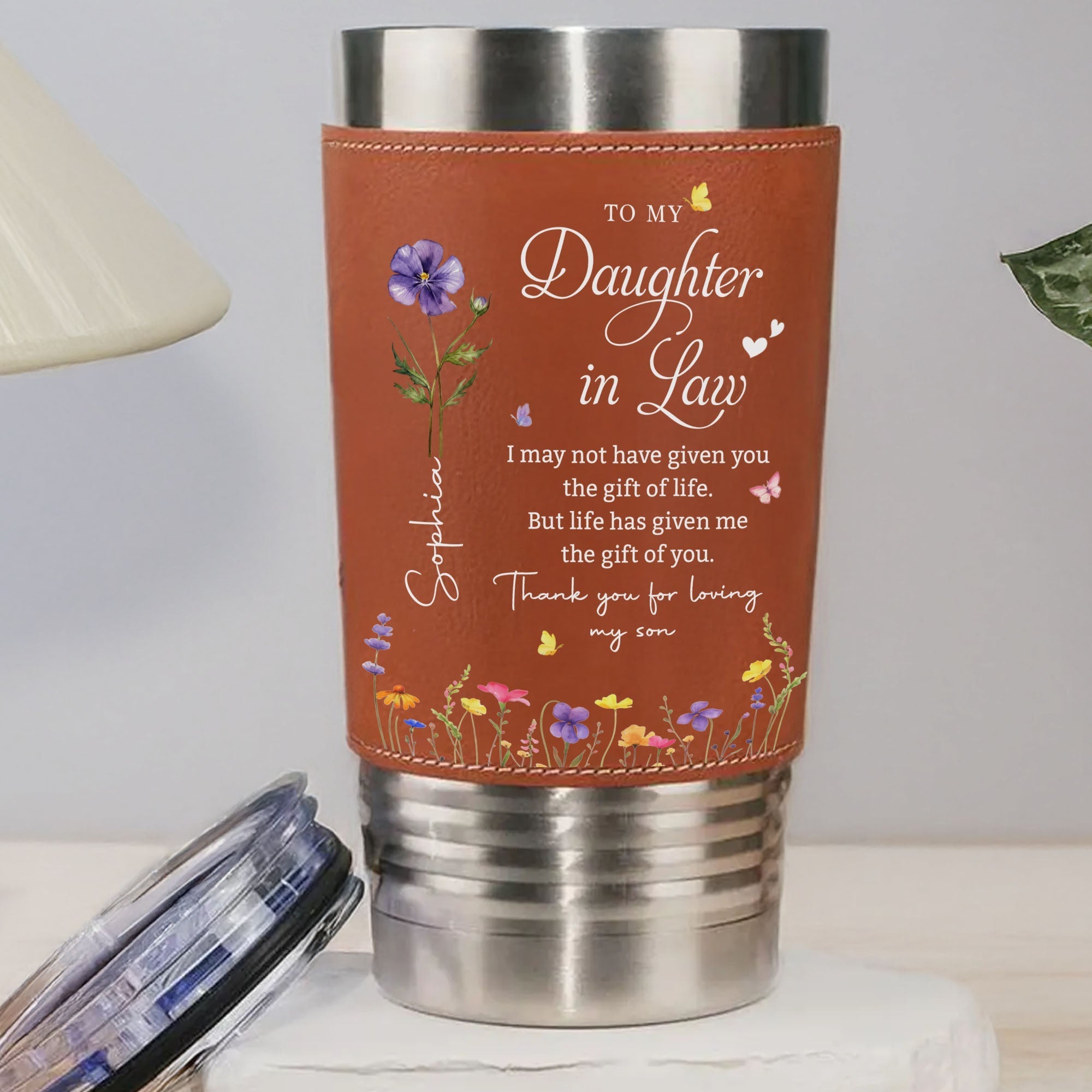 Personalized Leather Tumbler Custom Birth Month Flowers Gift for Daughter-In-Law