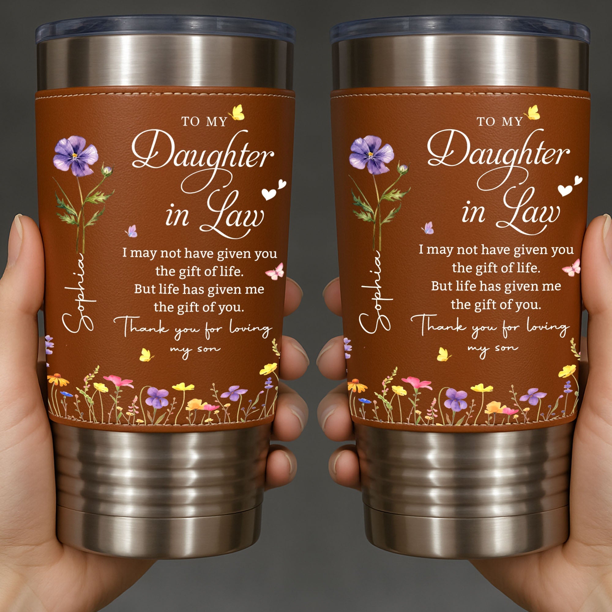 Personalized Leather Tumbler Custom Birth Month Flowers Gift for Daughter-In-Law