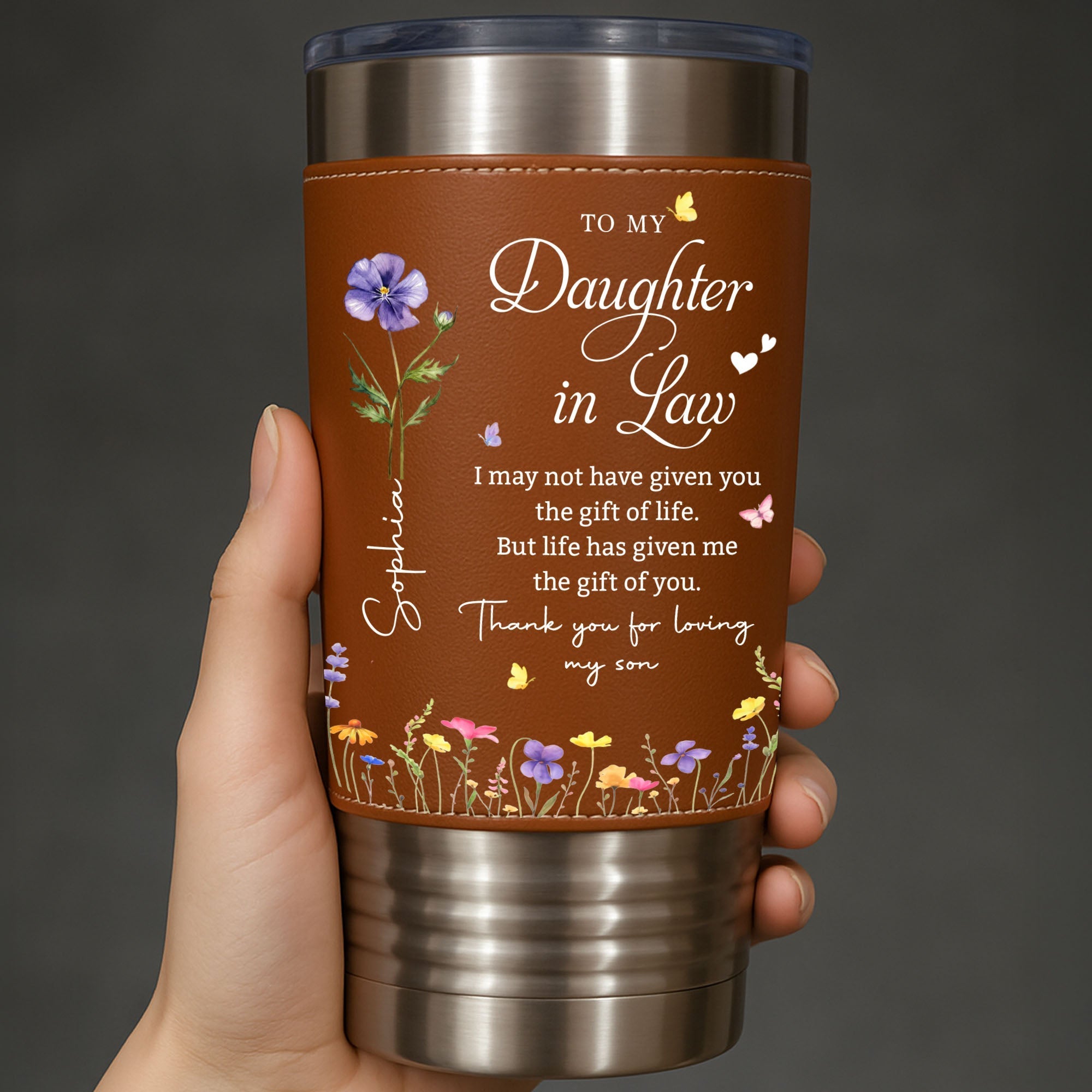 Personalized Leather Tumbler Custom Birth Month Flowers Gift for Daughter-In-Law