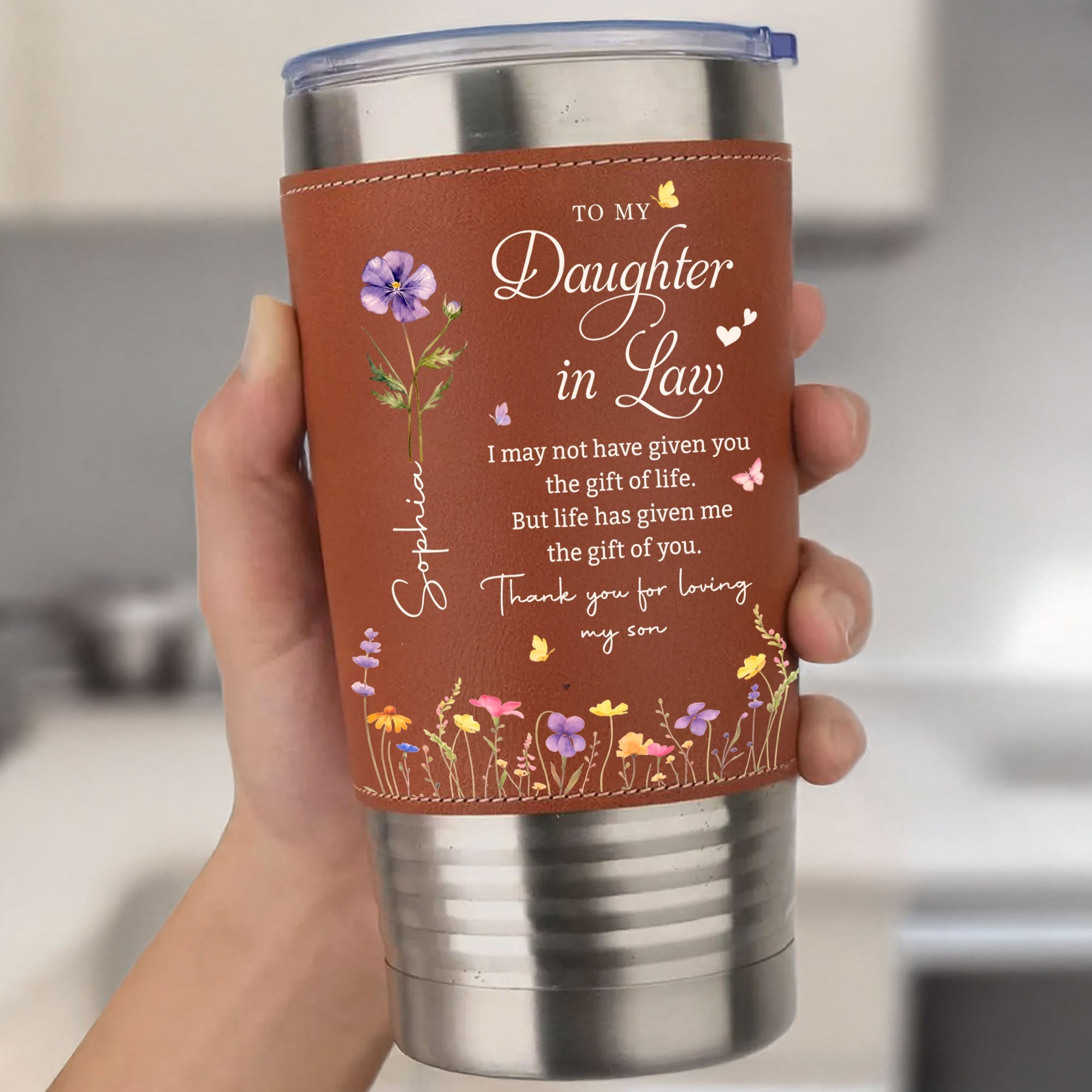 Personalized Leather Tumbler Custom Birth Month Flowers Gift for Daughter-In-Law