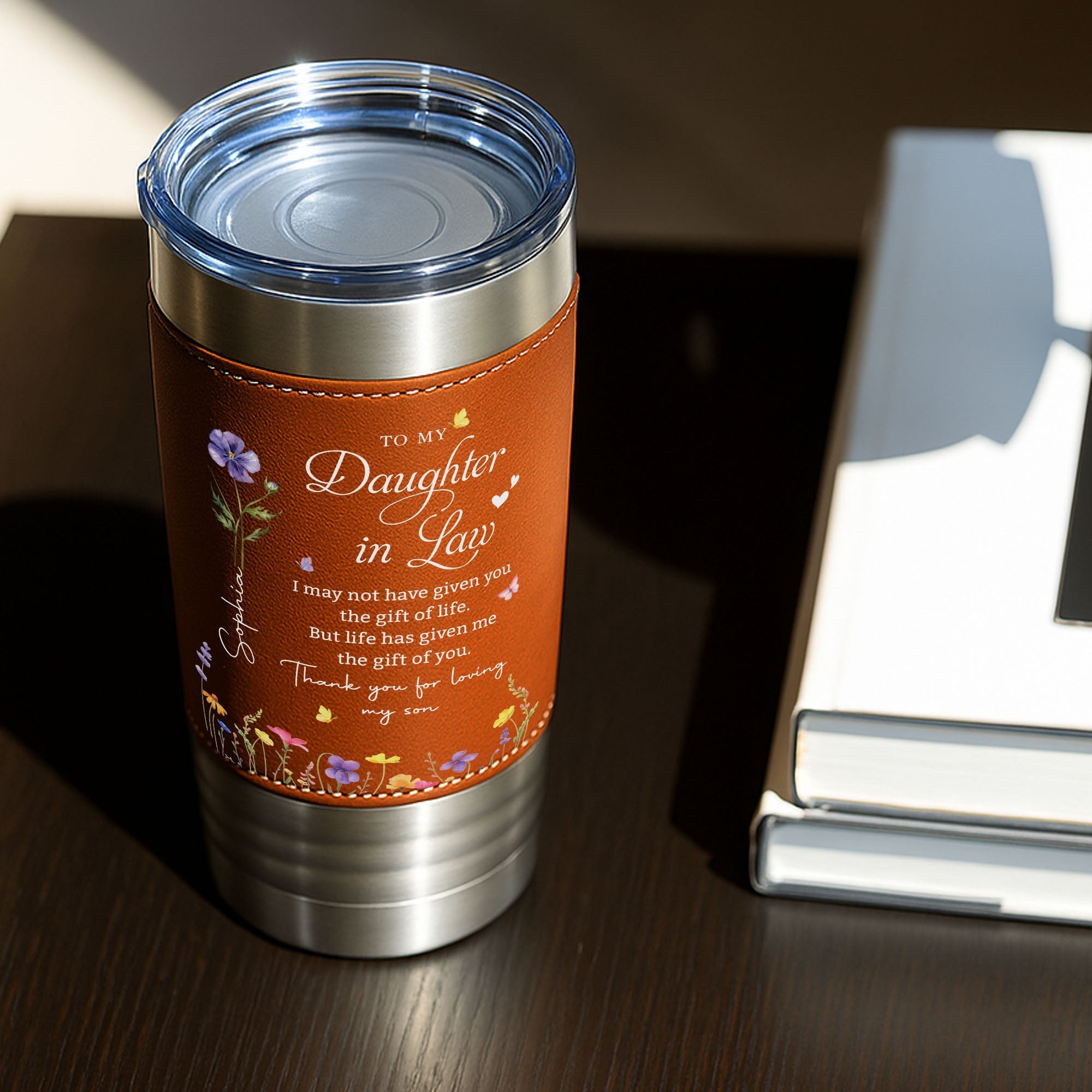Personalized Leather Tumbler Custom Birth Month Flowers Gift for Daughter-In-Law