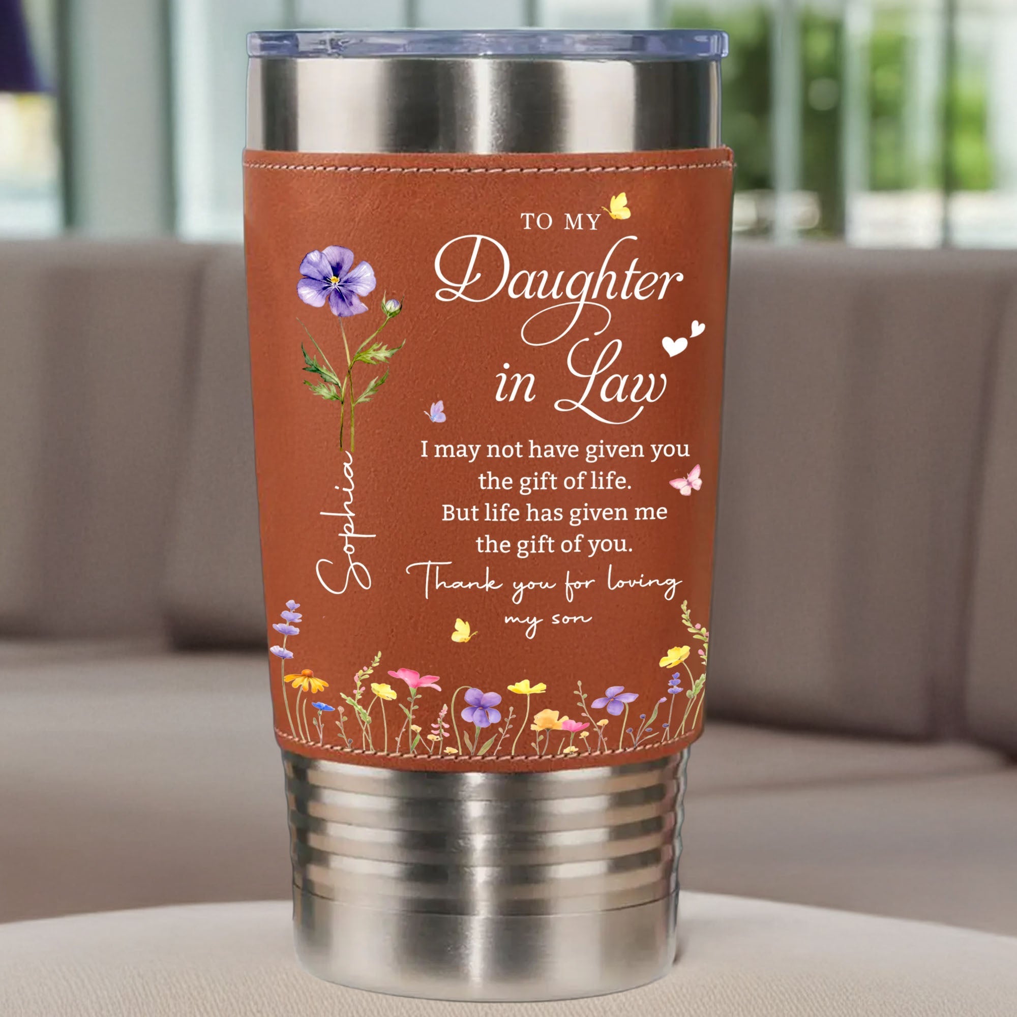 Personalized Leather Tumbler Custom Birth Month Flowers Gift for Daughter-In-Law