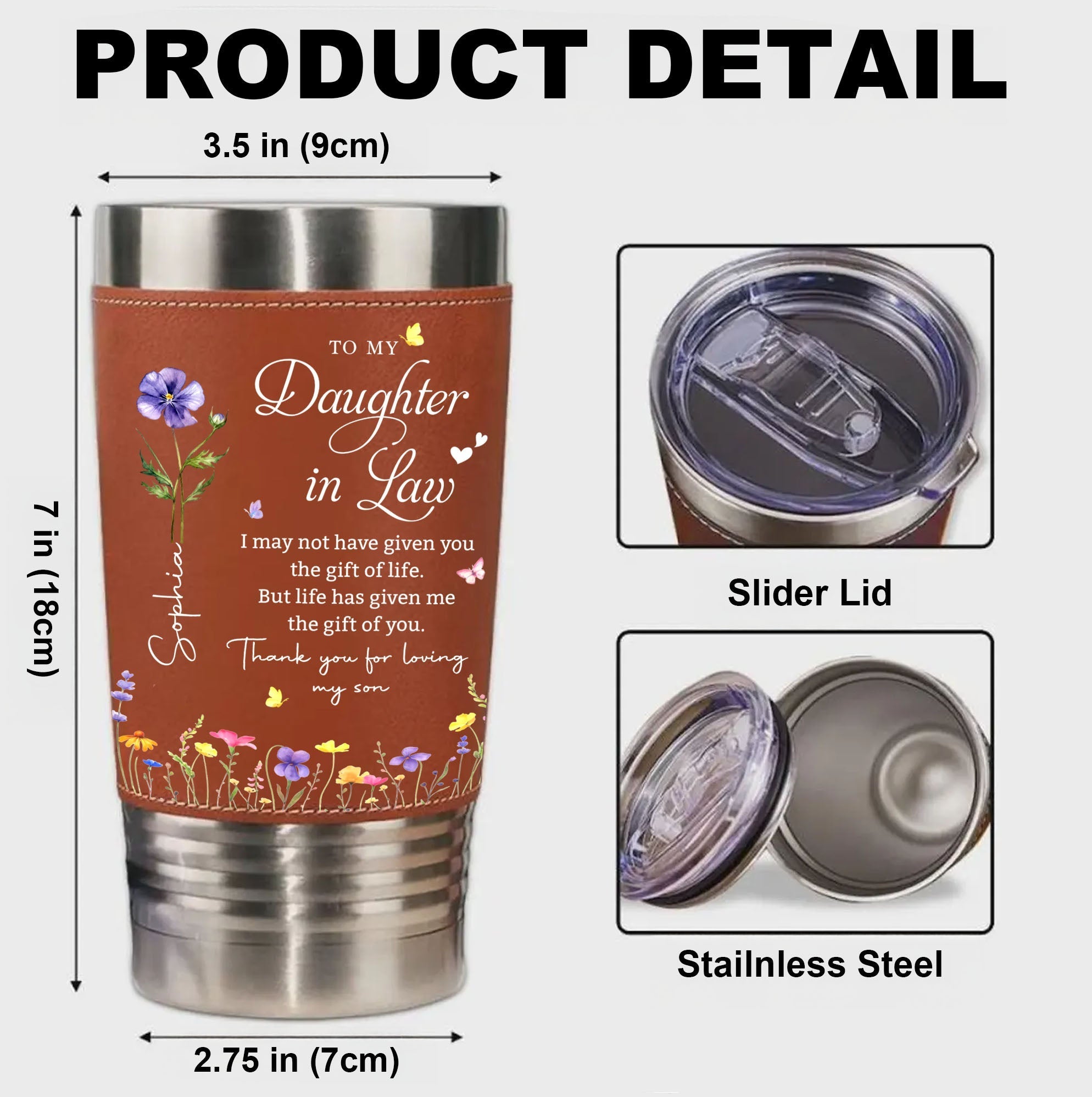 Personalized Leather Tumbler Custom Birth Month Flowers Gift for Daughter-In-Law