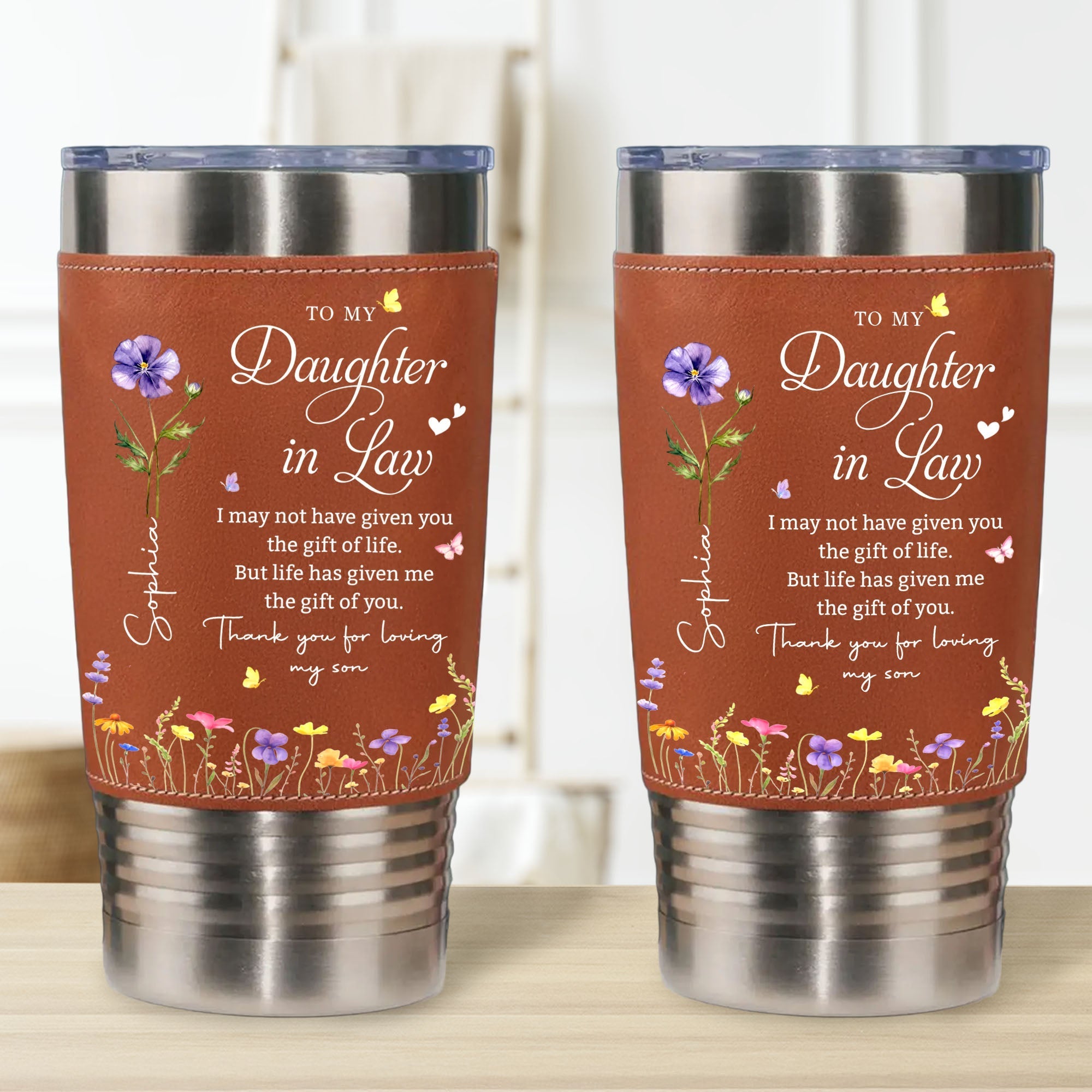 Personalized Leather Tumbler Custom Birth Month Flowers Gift for Daughter-In-Law