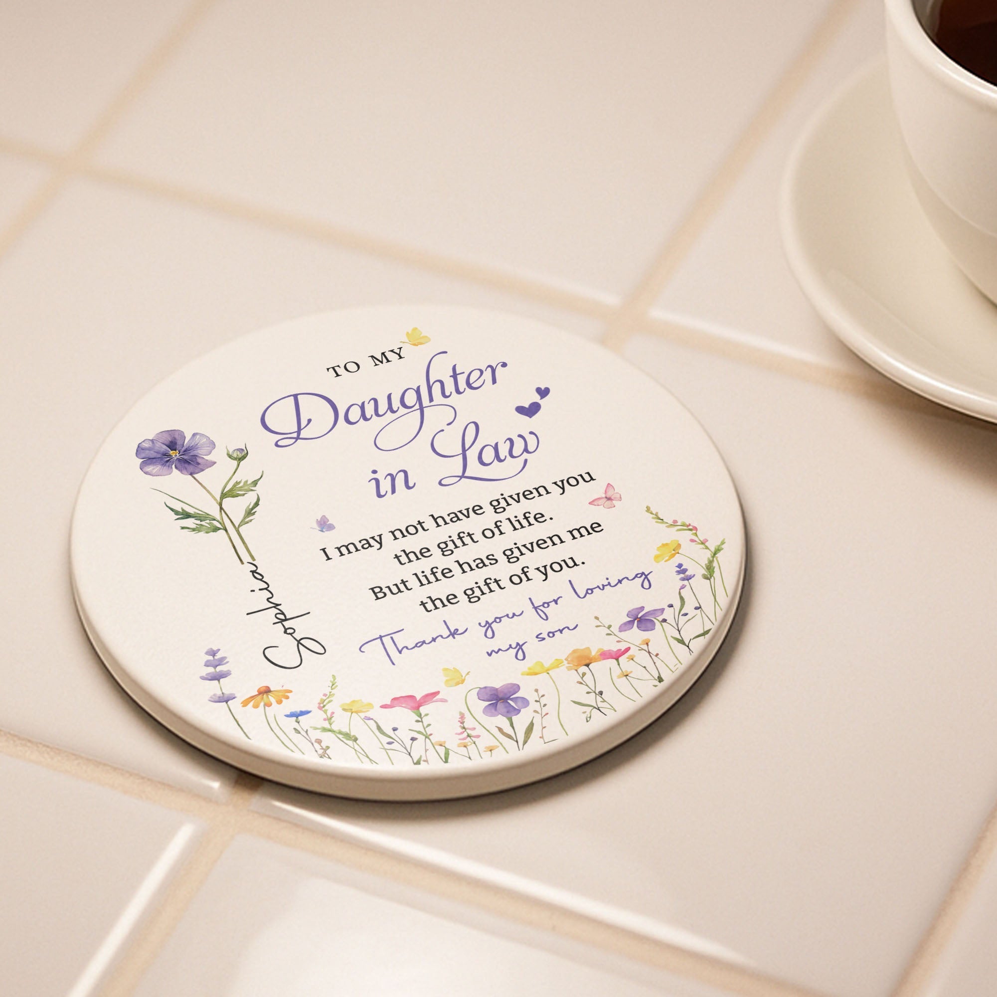 Personalized Birth Month Flower Ceramic Coaster Gift for Daughter-in-Law