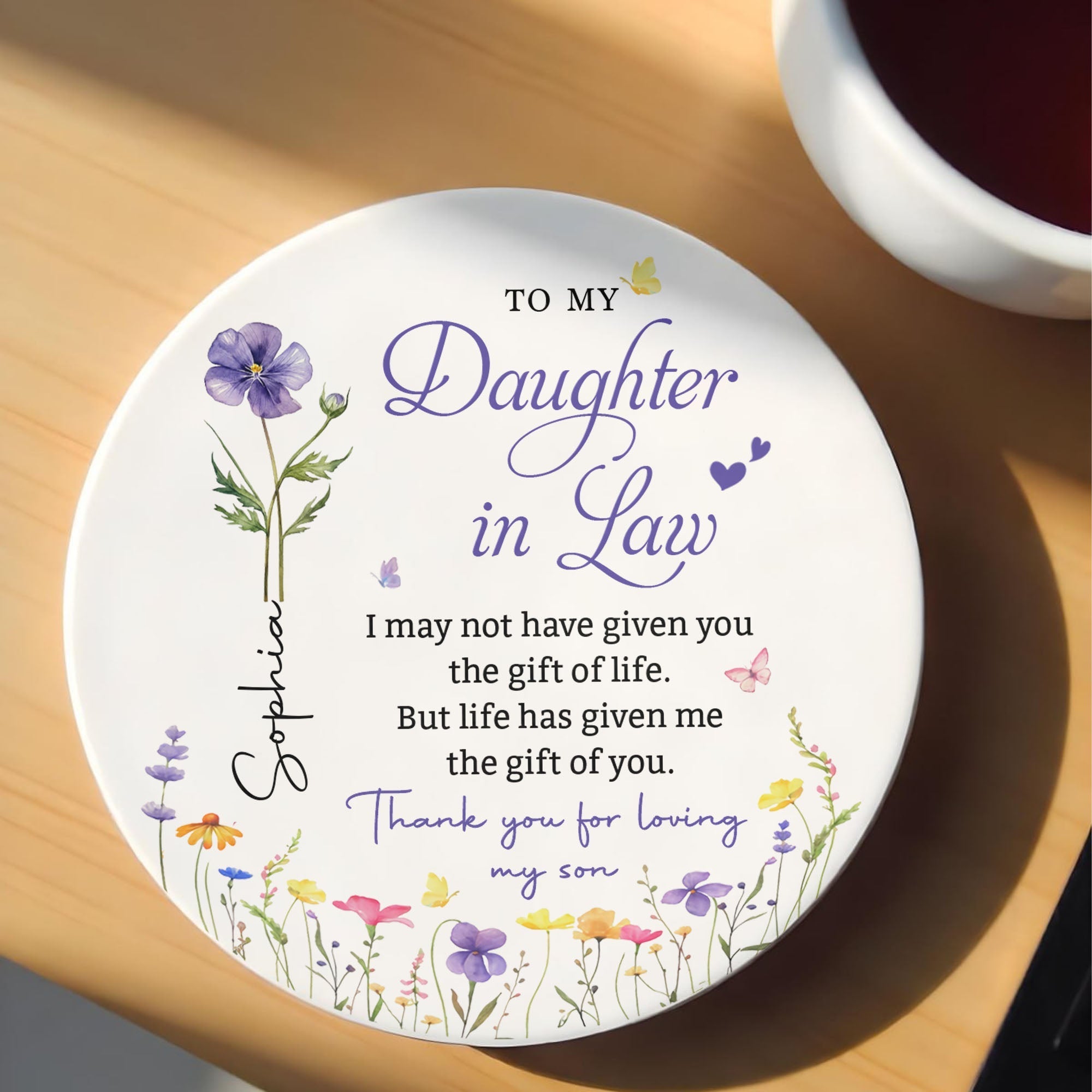 Personalized Birth Month Flower Ceramic Coaster Gift for Daughter-in-Law