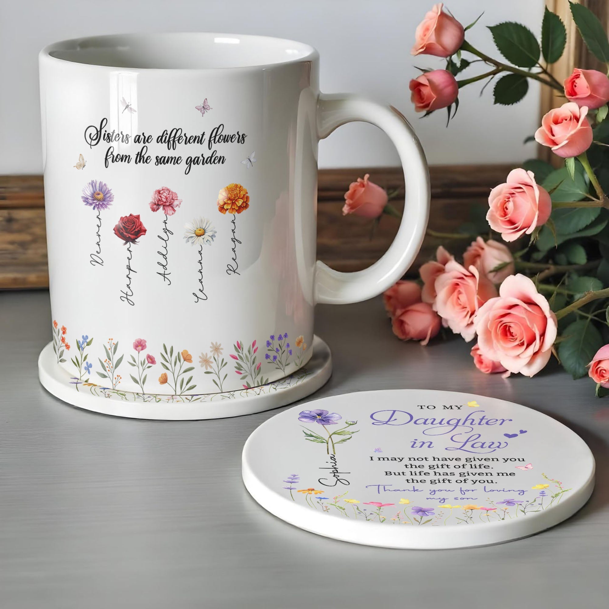 Personalized Birth Month Flower Ceramic Coaster Gift for Daughter-in-Law