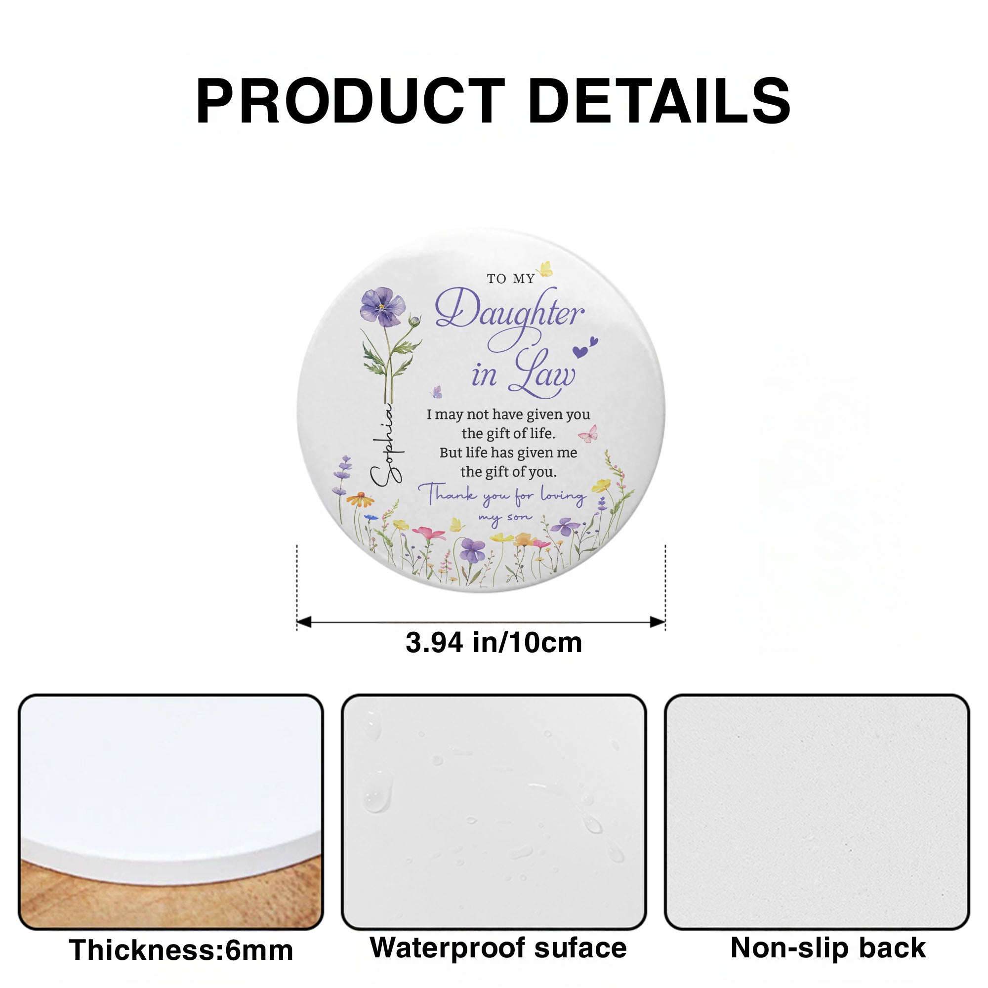 Personalized Birth Month Flower Ceramic Coaster Gift for Daughter-in-Law